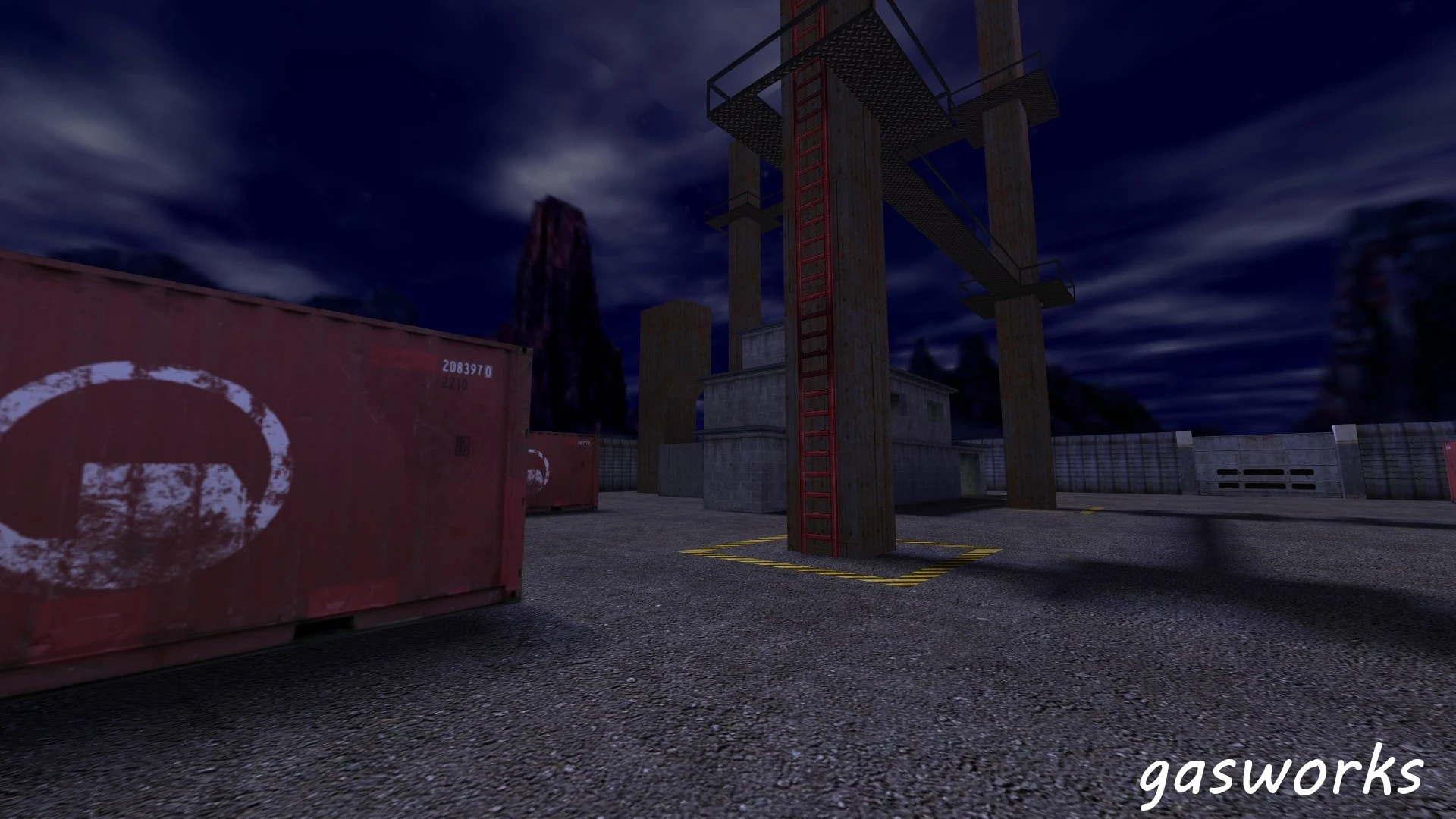 Half-Life Spielszene bei Nacht mit rotem Container und Metallplattformen, verwendet Detailtextures-Pack