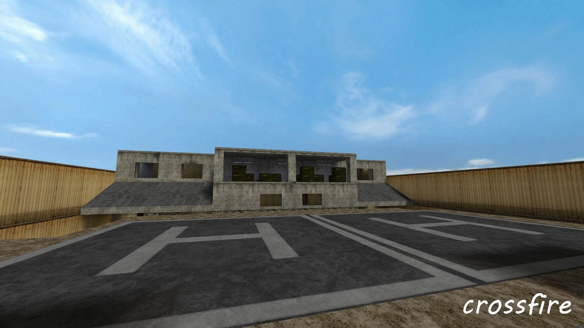 Helipad markiert mit großen H-Zeichen in eingezäuntem Außenbereich mit blauem Himmel in einem Half-Life-Mod