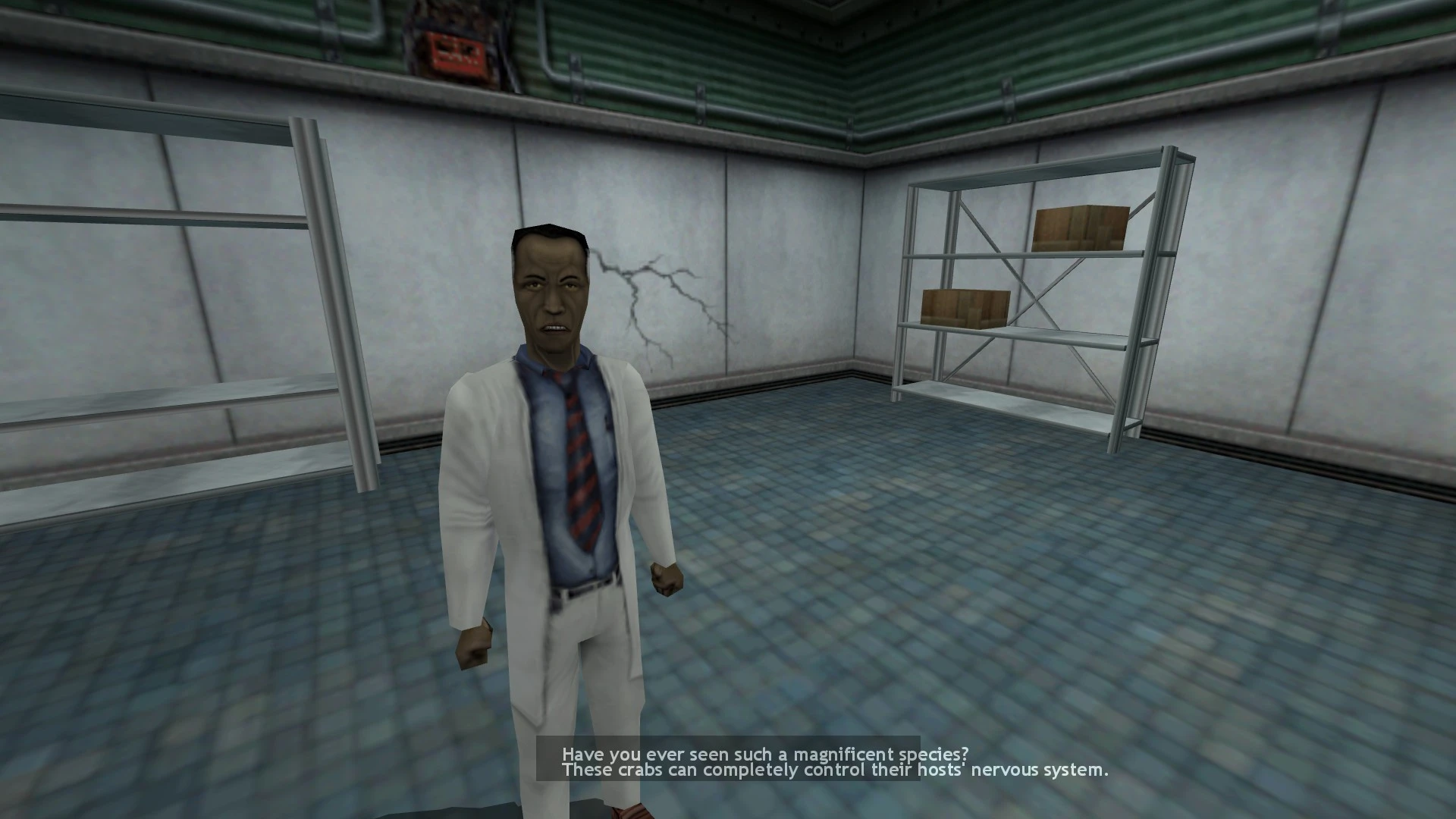 Сцена из Half-Life с учёным в низком разрешении в изношенной комнате с металлическими стеллажами и трещинами на стенах