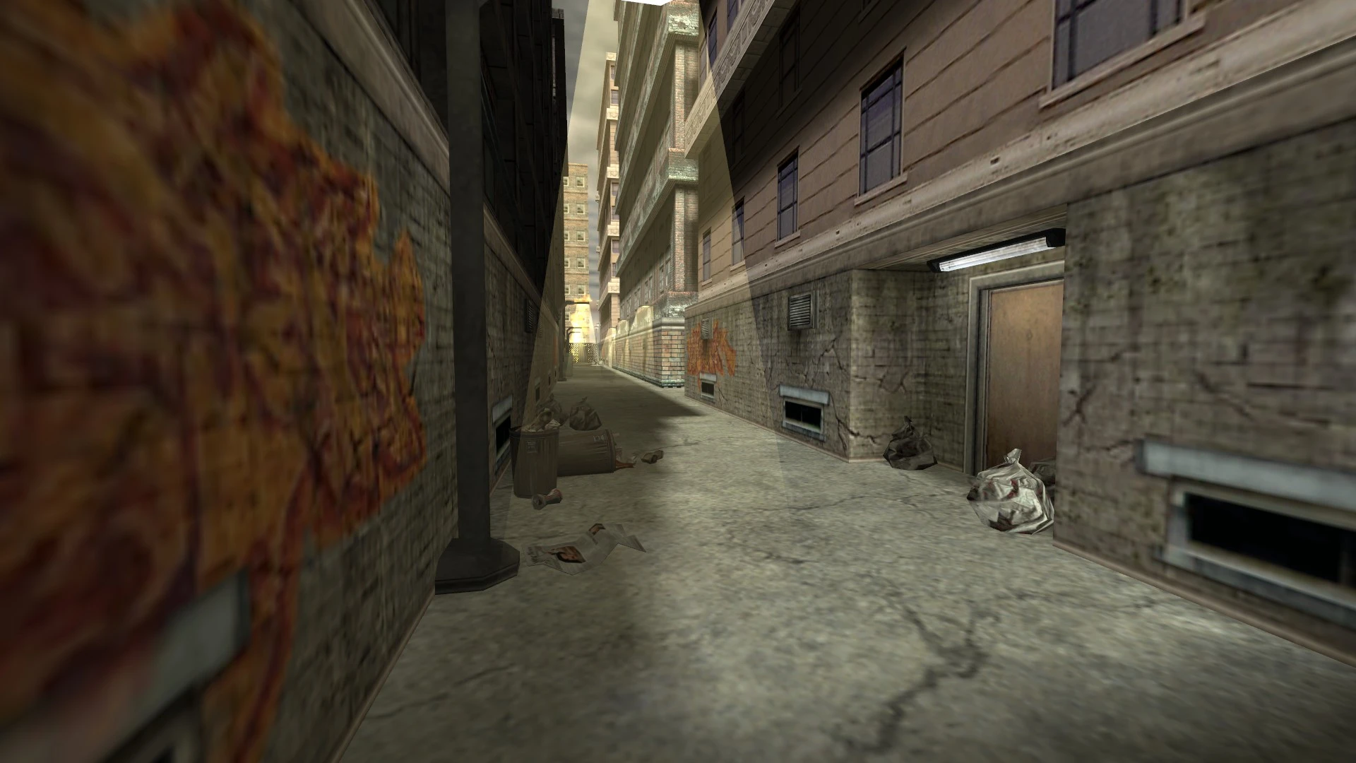 Callejón urbano en HD del mod Half-Life Urbicide con bolsas de basura, papeles esparcidos y graffiti en paredes de concreto