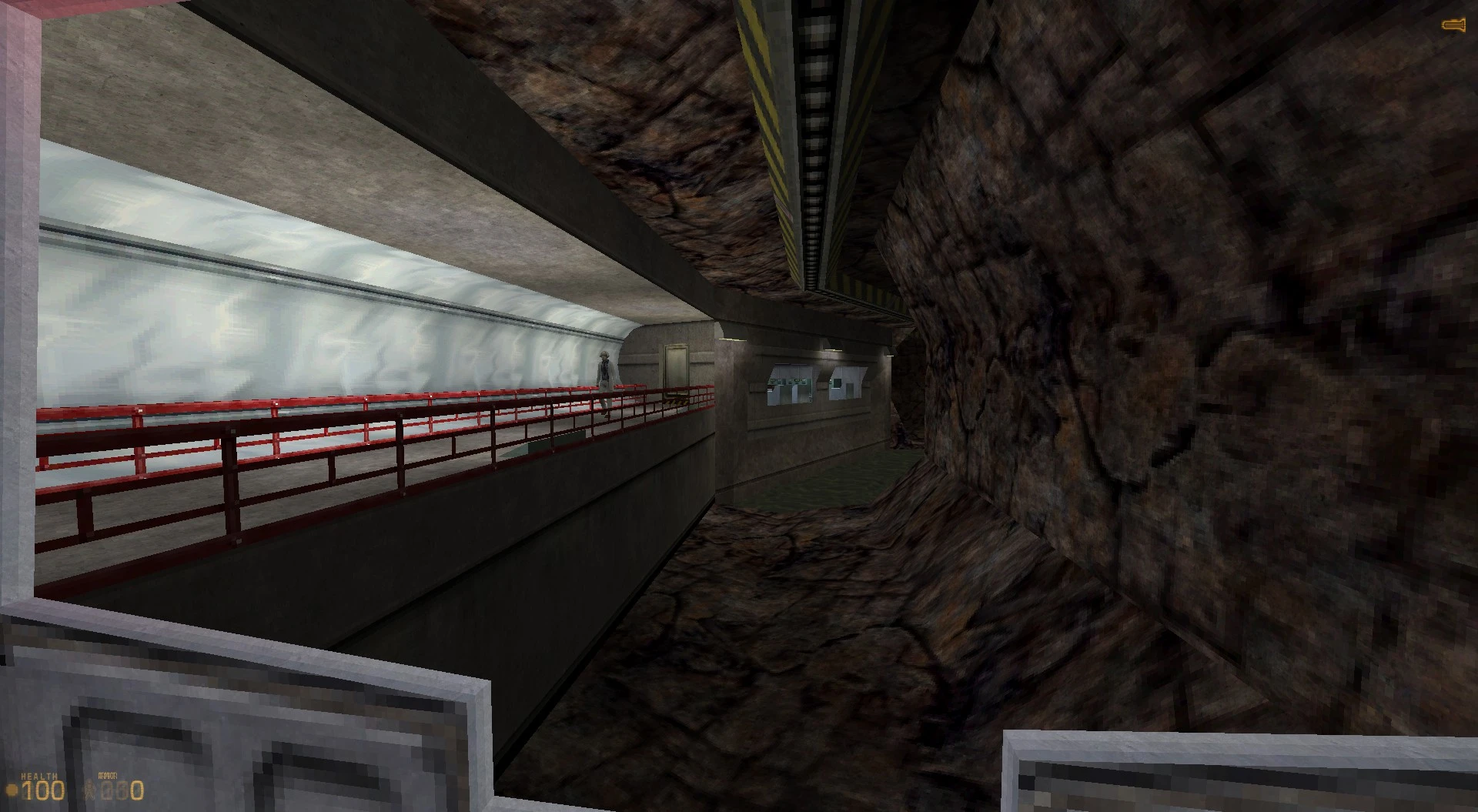 Скріншот Half-Life Blue Shift MMod із темним підземним коридором, кам'яними стінами та металевими поручнями