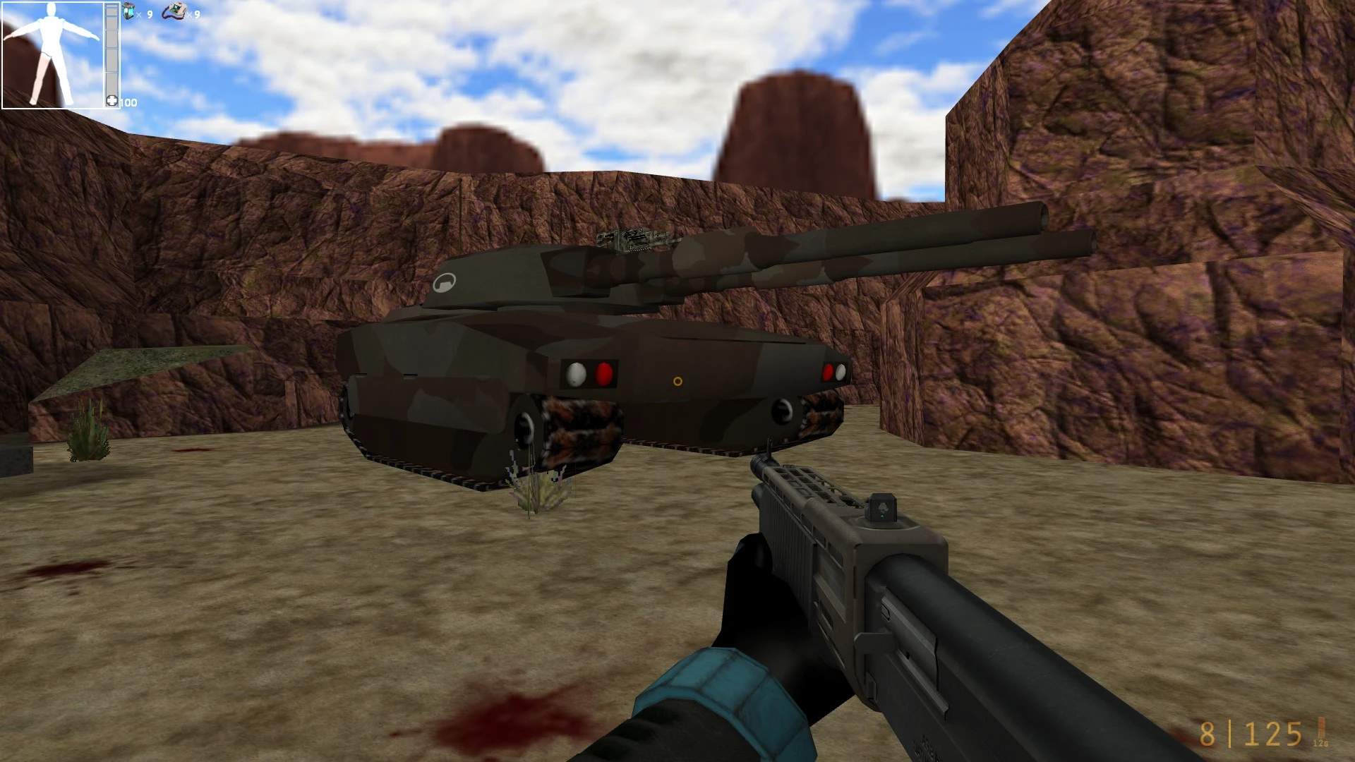 Spieler mit Schrotflinte neben getarntem Panzer in Wüsten-Schlucht Umgebung im Half-Life Invasion Remod