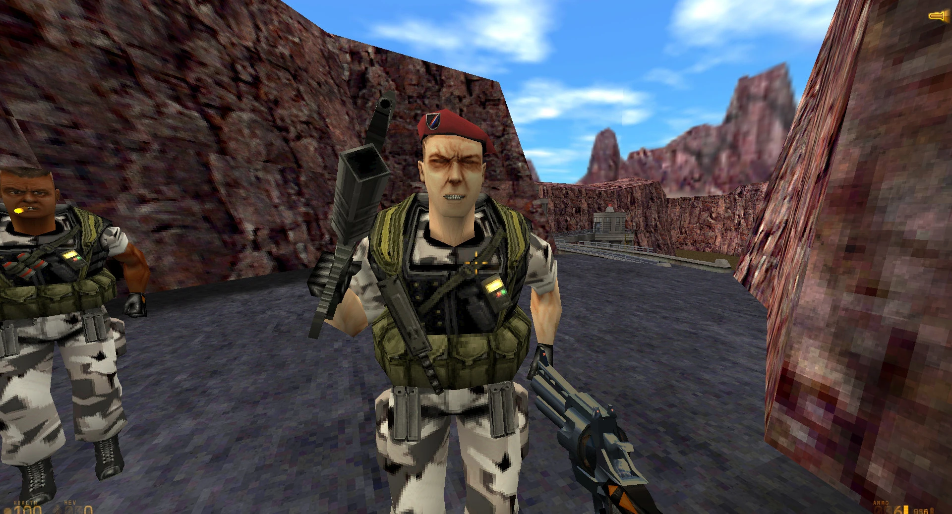 Zbliżenie na dwóch uzbrojonych żołnierzy NPC na skalistym terenie Half-Life, jeden patrzy intensywnie na gracza