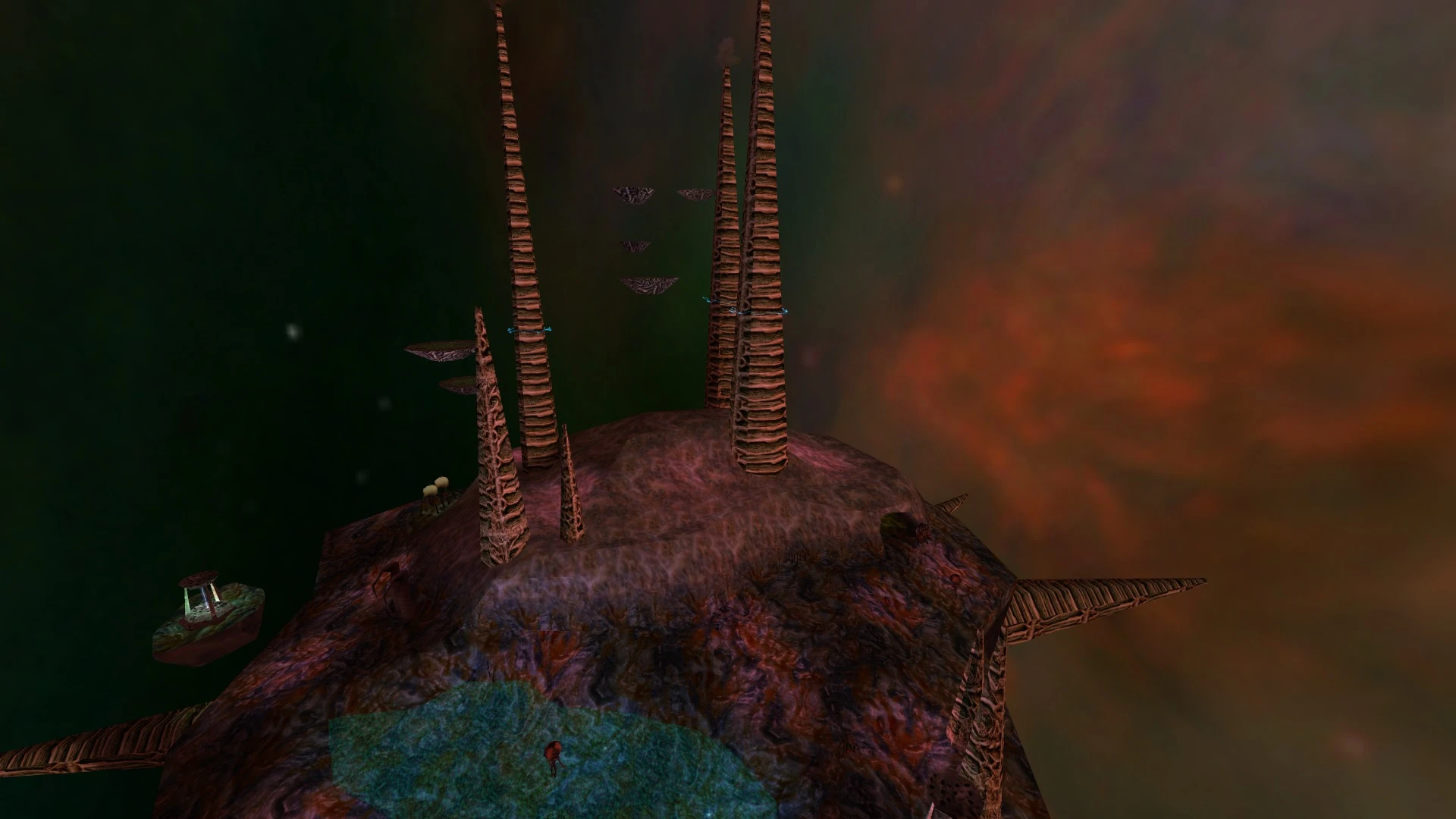 Zrzut ekranu przedstawiający obcy krajobraz z wysokimi iglicami i unoszącymi się platformami w łatce Half-Life Point of View 25th Anniversary