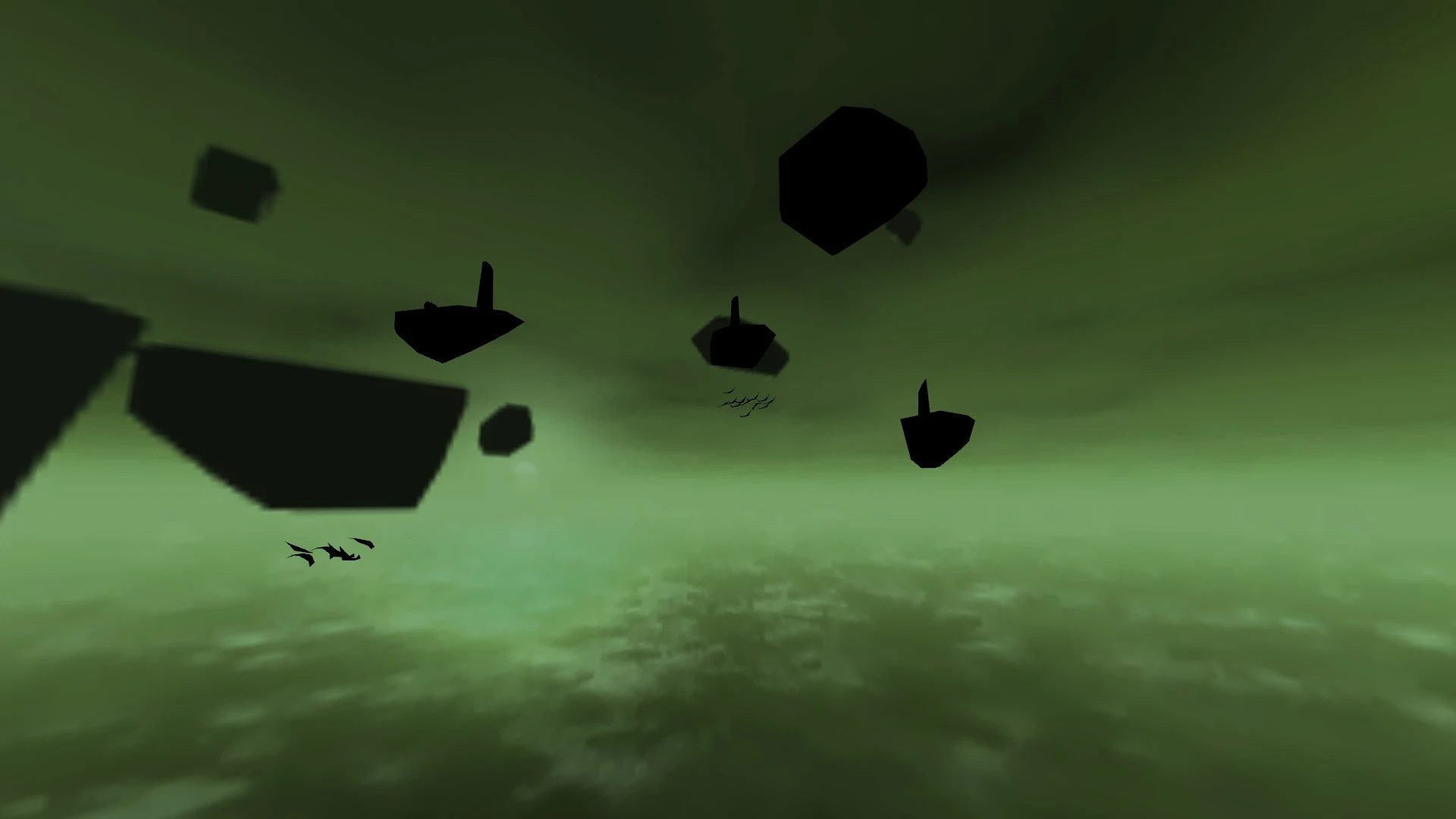 Sylwetki unoszących się obiektów i ptaków w zielonej mglistym otoczeniu dodatku do Half-Life