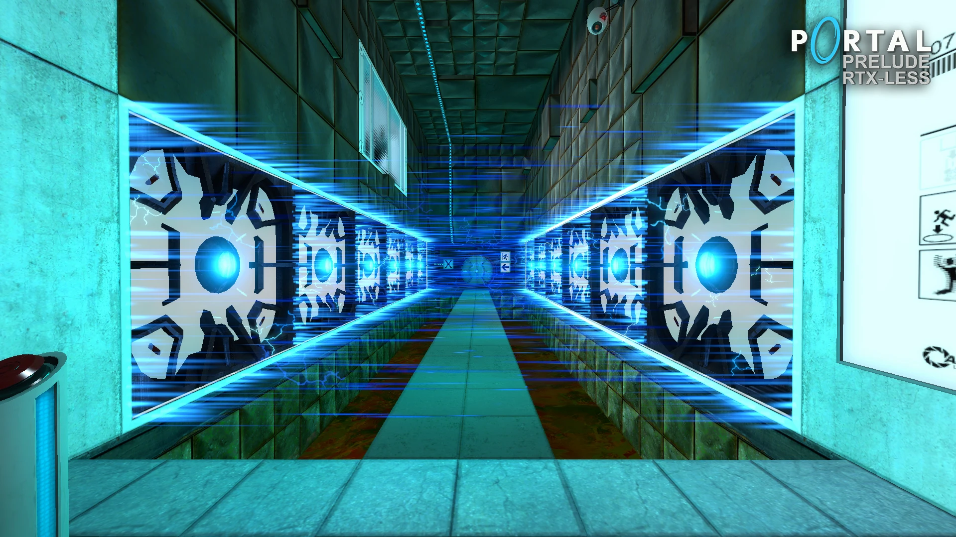 Widok wnętrza długiego korytarza z niebieskimi świecącymi wiązkami energii po obu stronach w modzie Half-Life Portal Prelude RTX-Less
