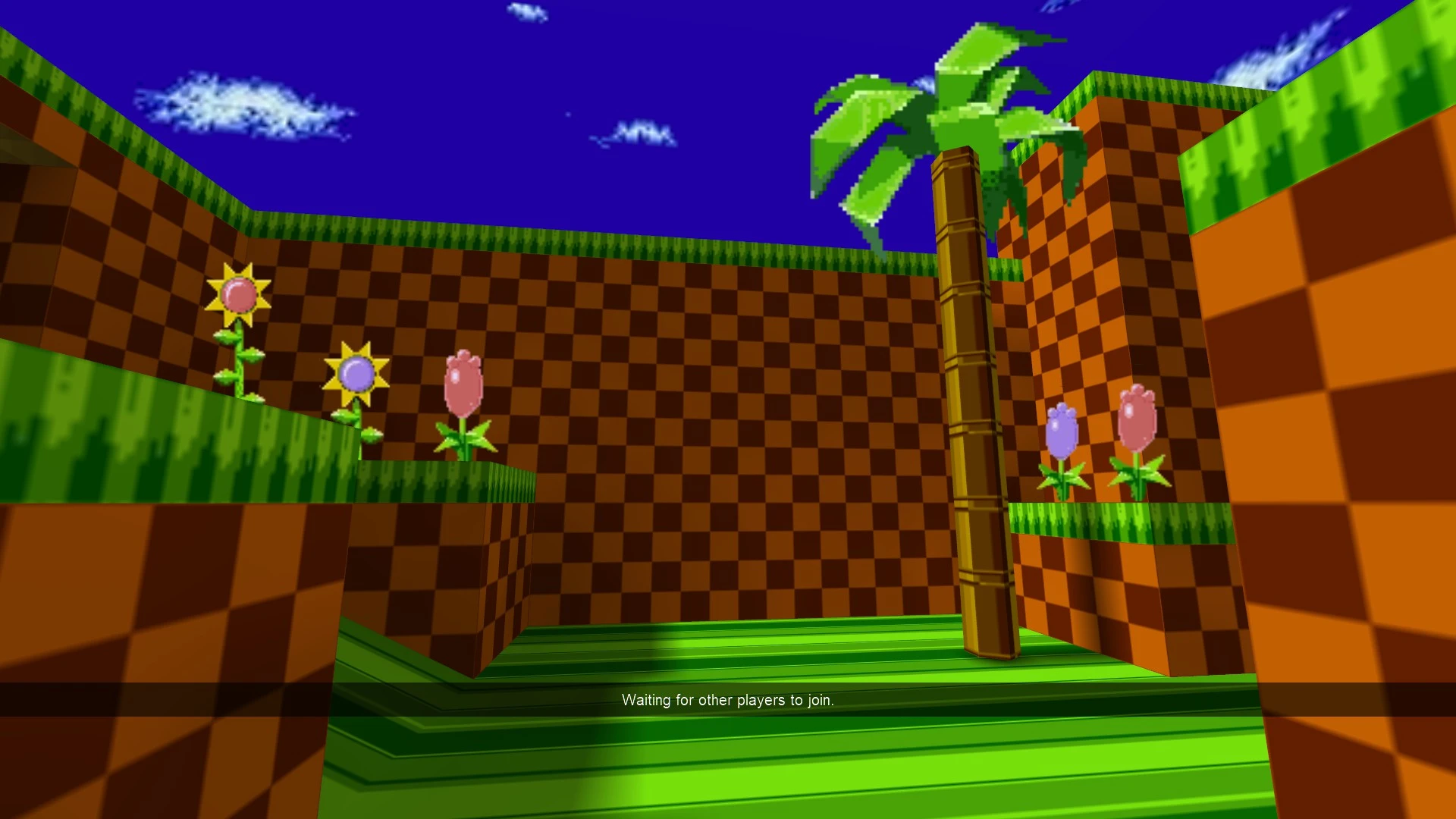 Widok w grze pikselowanej mapy w stylu Sonic z kratkowanymi ścianami, palmą i pikselowymi kwiatami