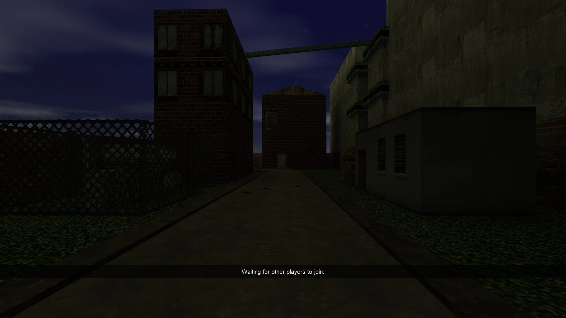 Ciemna, pusta miejska ulica z ceglanymi budynkami pod nocnym niebem w mapie Zombie Panic! do Half-Life