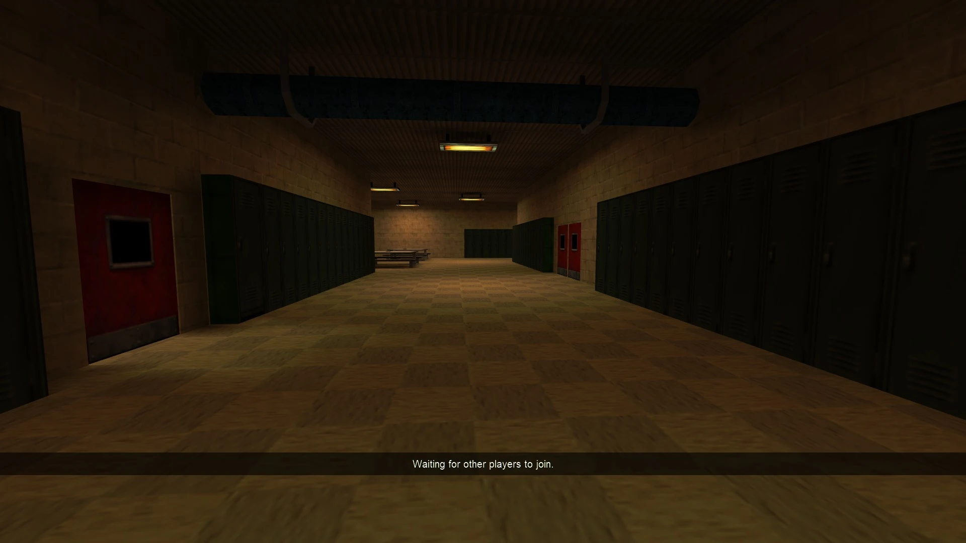 Słabo oświetlony szkolny korytarz z szafkami i czerwonymi drzwiami z map Zombie Panic! do Half-Life