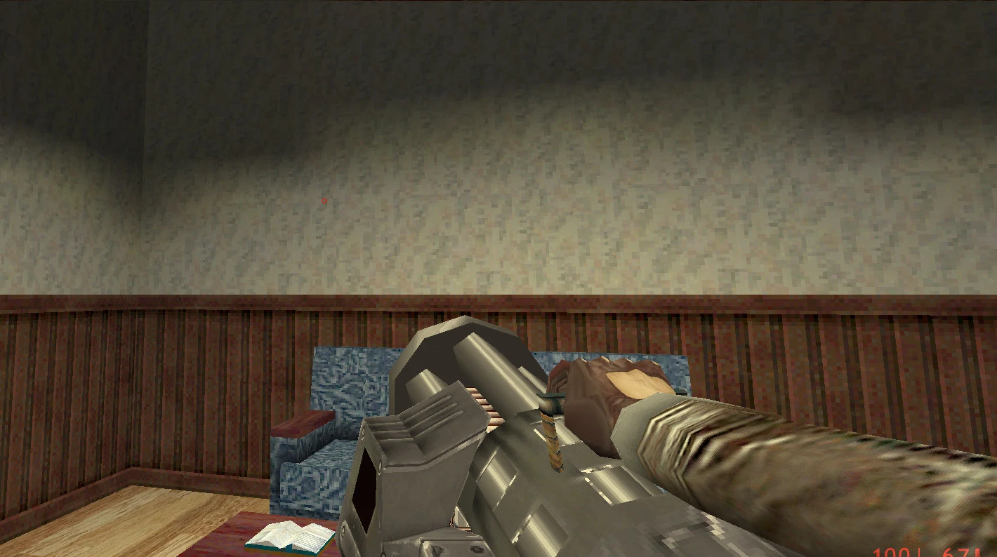 Screenshot mit First-Person-Ansicht einer schweren Waffe in einem Innenraum mit Sofa und Buch auf dem Boden im Half-Life-Mod They Hunger Models Remake