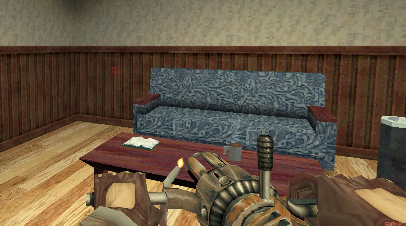 Ingame-Screenshot von Half-Life They Hunger Models Remake mit Spieler, der eine Waffe hält, in einem Raum mit Holzboden, blauem Sofa und einem Couchtisch mit offenem Buch