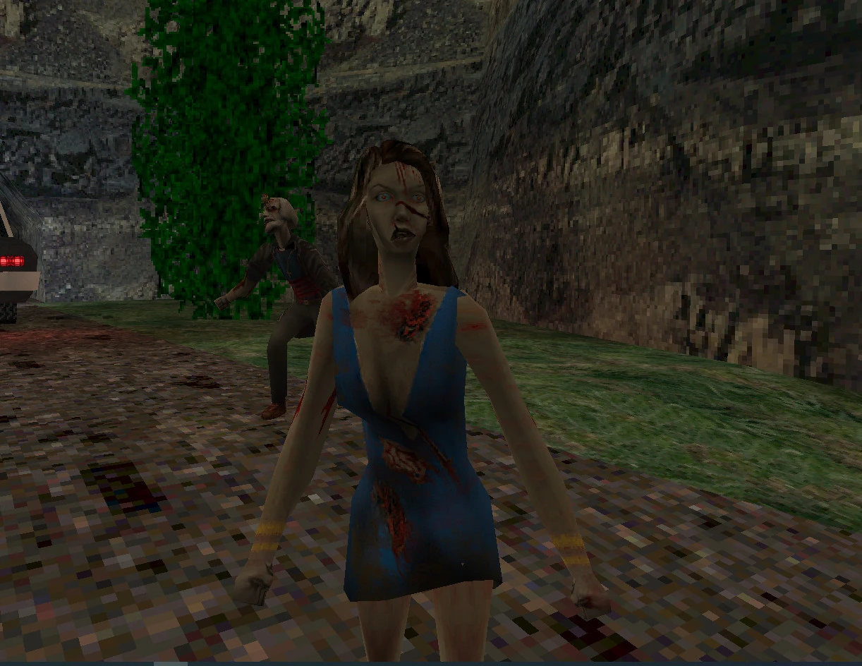 Nahaufnahme einer weiblichen Zombiefigur mit blutbeflecktem blauem Kleid in einer They Hunger Mod für Half-Life
