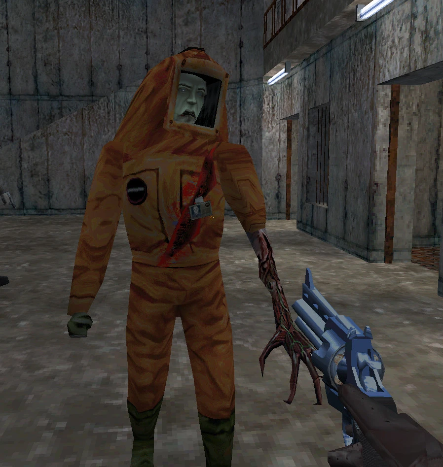 Screenshot aus Half-Life Mod zeigt einen zombieähnlichen Alien im Schutzanzug mit mutiertem Arm