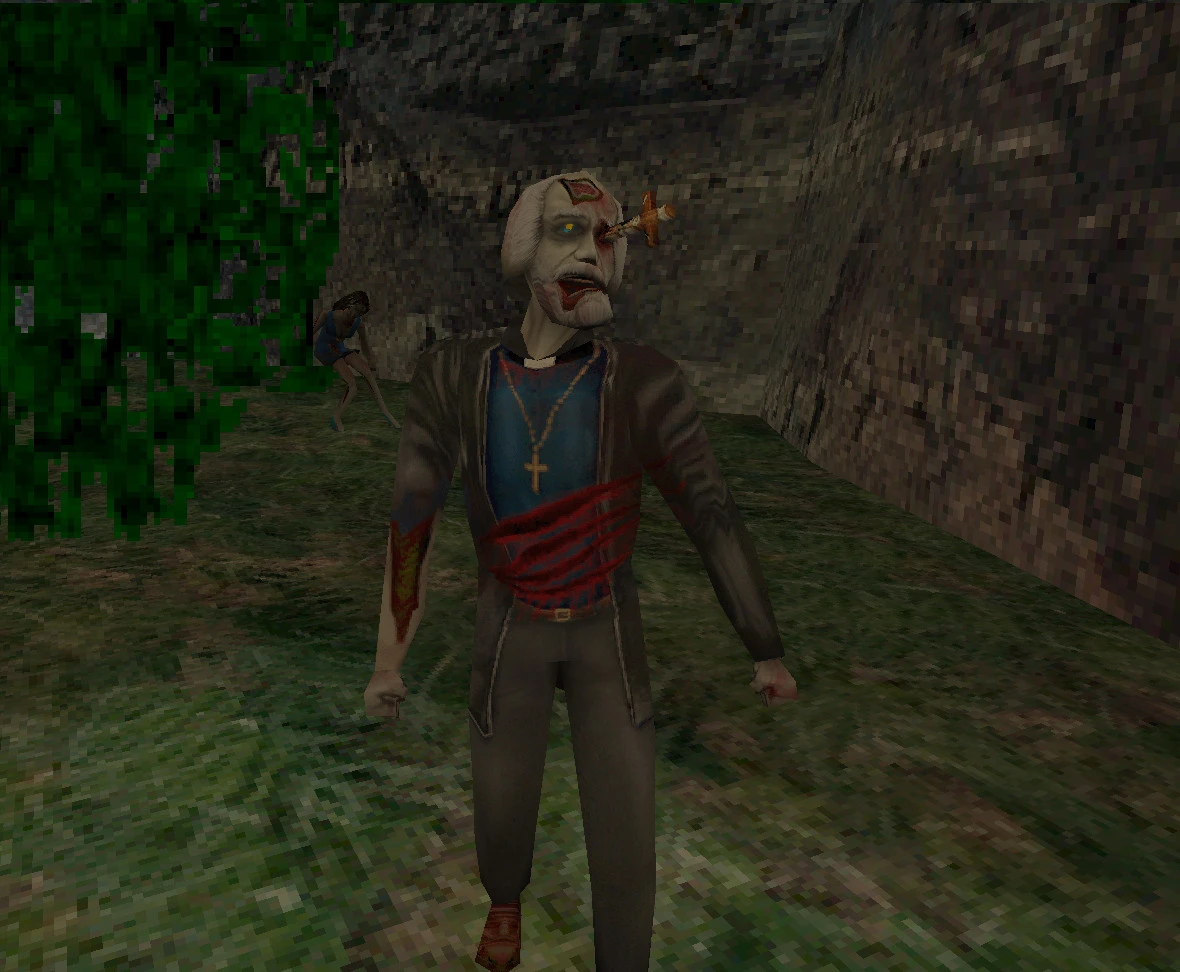 Im Spiel Screenshot zeigt Zombie mit Holzpflock im Kopf aus They Hunger Modelle Remake