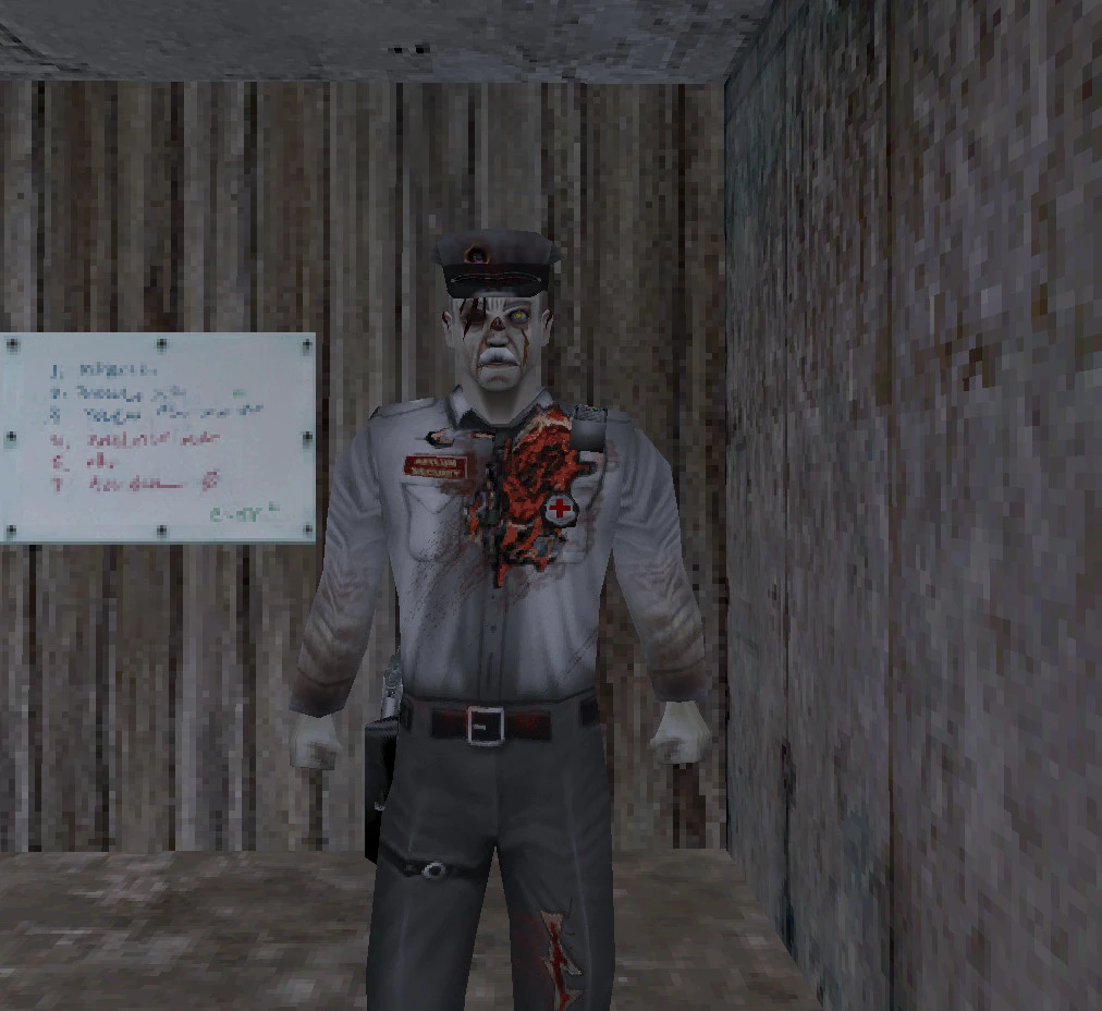 Spiel-Screenshot eines Zombie-Polizisten mit detaillierten Verletzungen und Uniform in einem engen Raum im They Hunger Remake für Half-Life