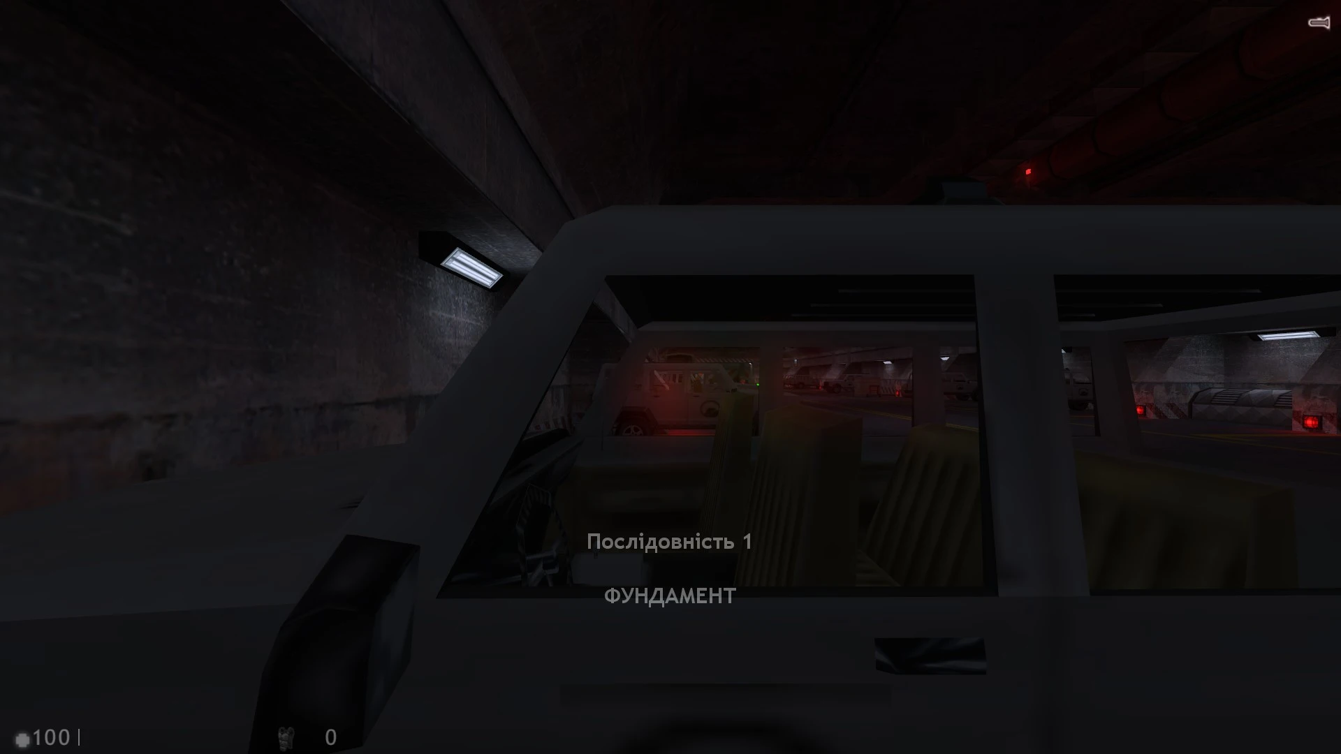Blick durch das Autofenster in dunklem Tiefgaragenbereich mit ukrainischem Text aus Half-Life Übersetzungs-Mod