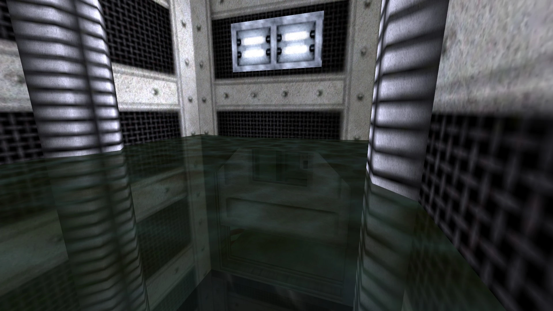 Скріншот Half-Life із затопленою індустріальною кімнатою, що відображає металеві та сітчасті текстури