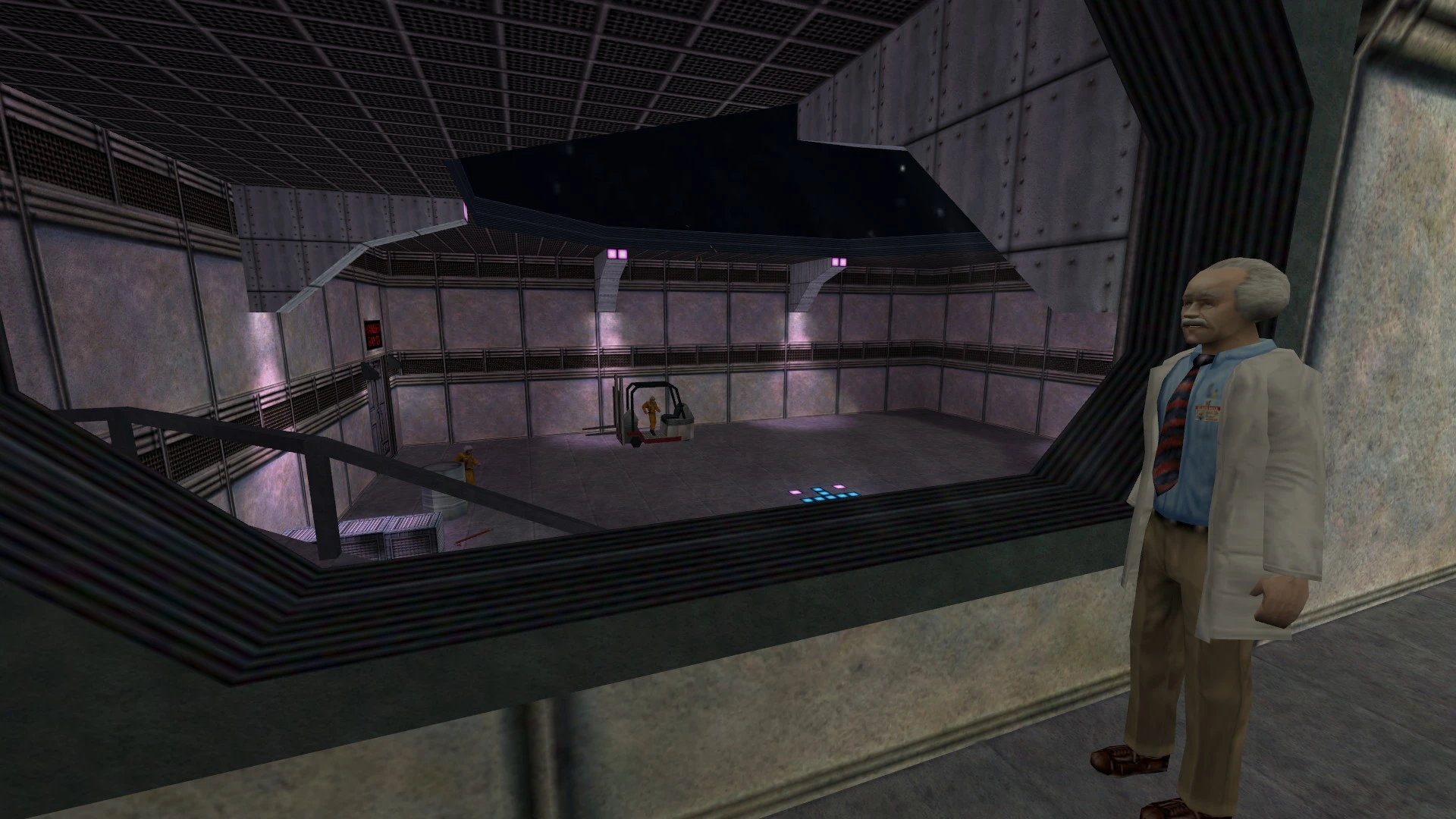 Вигляд з лабораторії Half-Life з науковцем NPC біля вікна спостереження, що дивиться на промислову кімнату