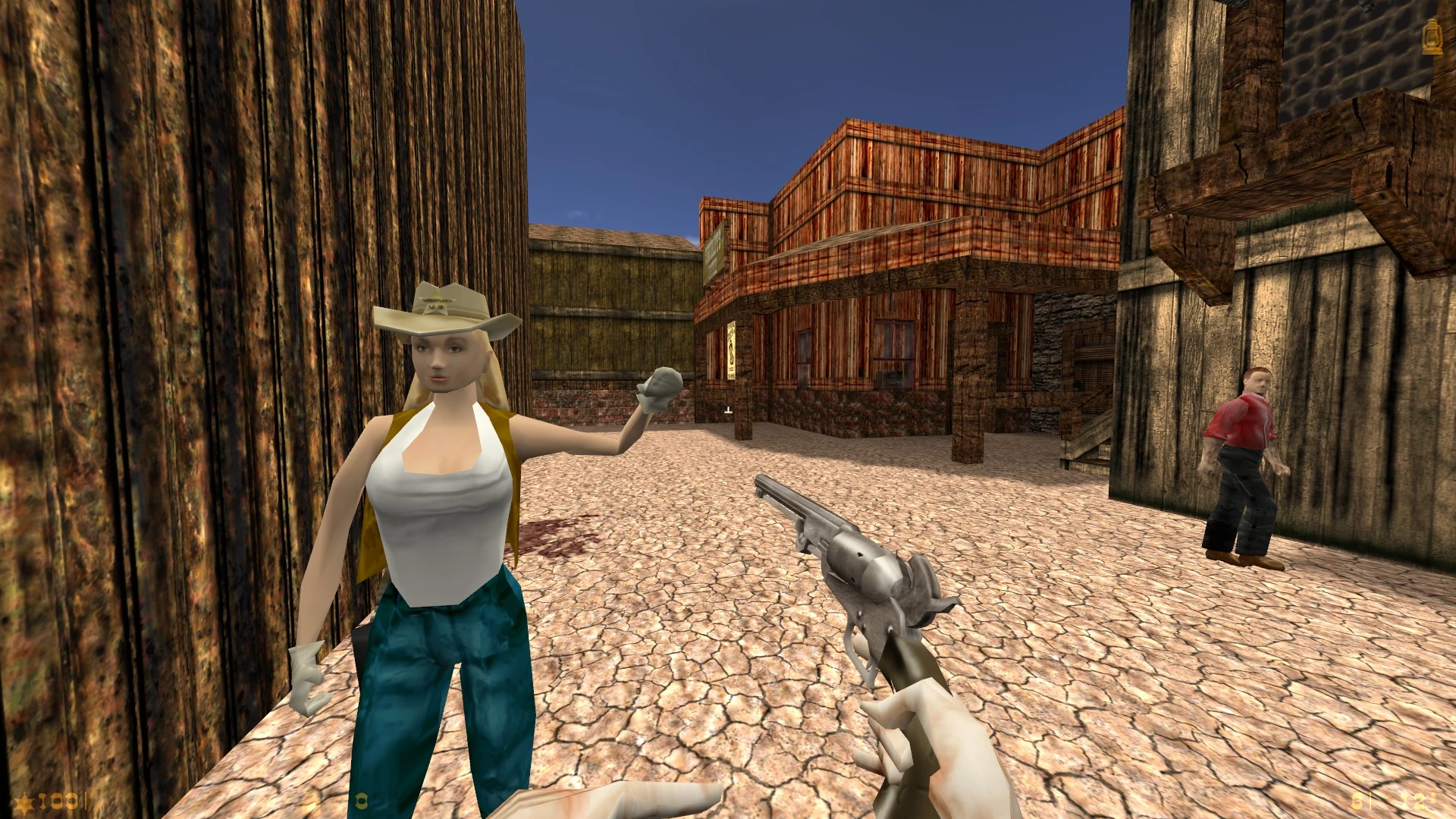 Jugador sosteniendo un revólver en un pueblo del oeste polvoriento con NPCs en Half-Life Wanted 25th Anniversary Patch