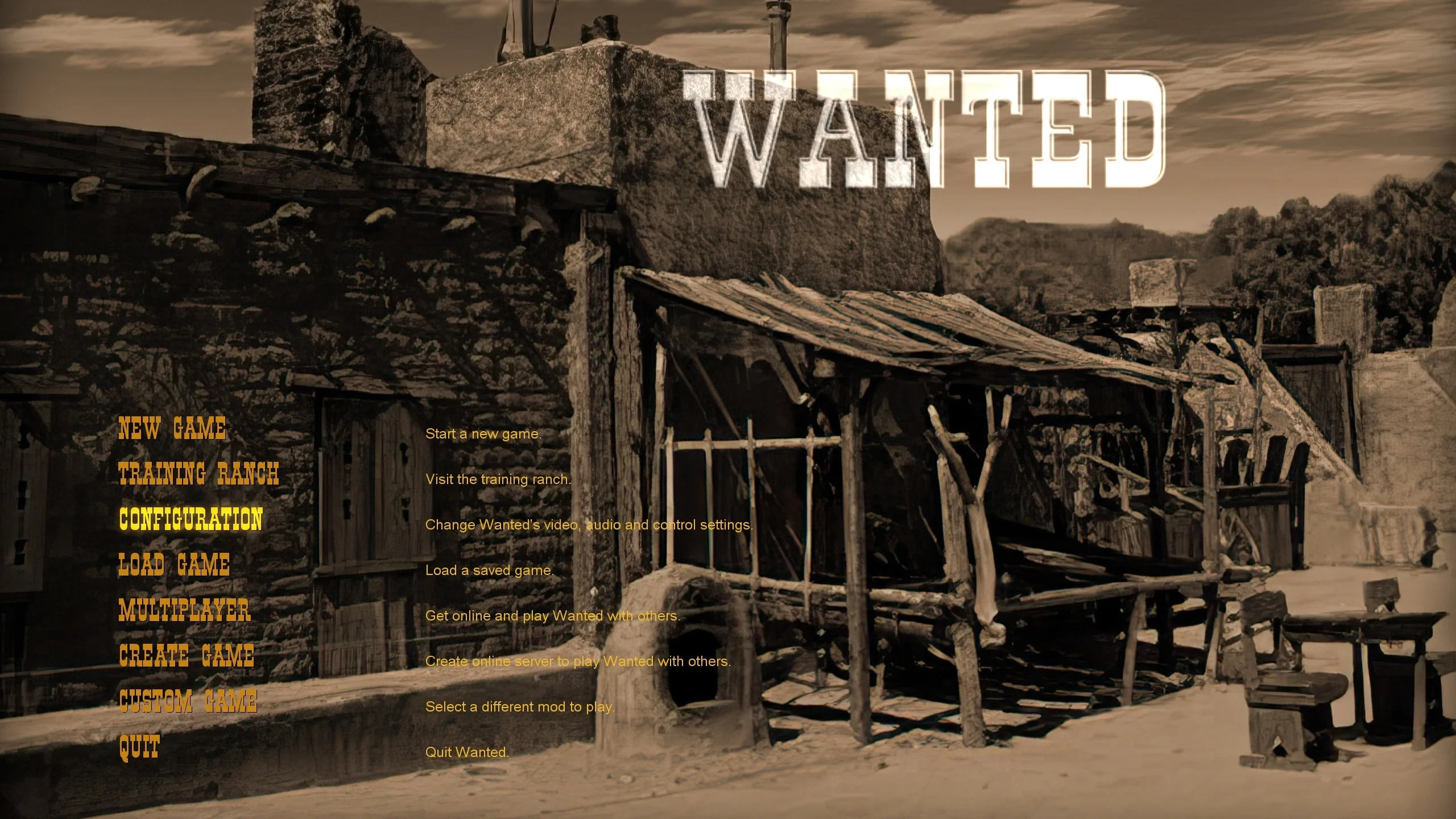 Fondo de edificio de madera del Viejo Oeste en tono sepia con menú de juego para el addon Wanted 25th Anniversary Patch