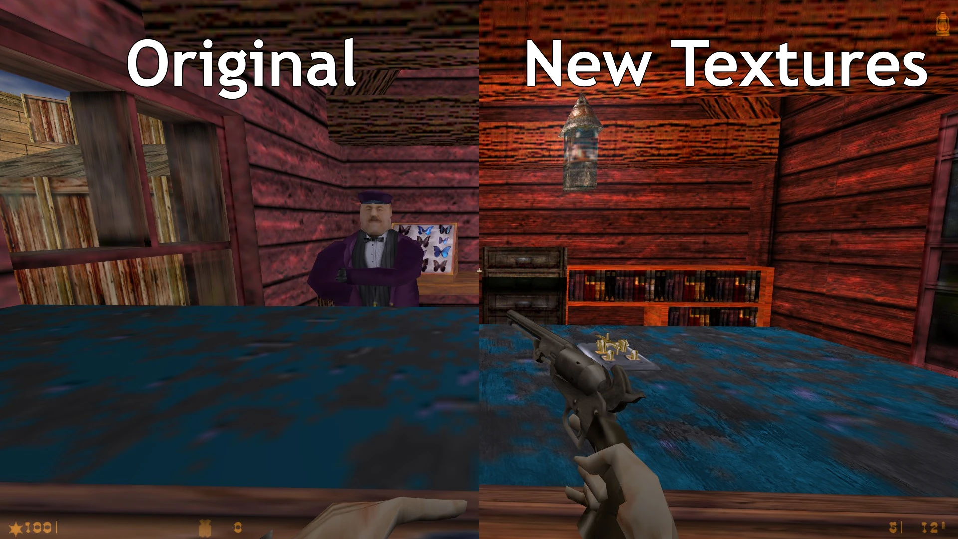 Pantalla dividida mostrando texturas interiores originales y nuevas detalladas en Half-Life 1998 con revólver en mano