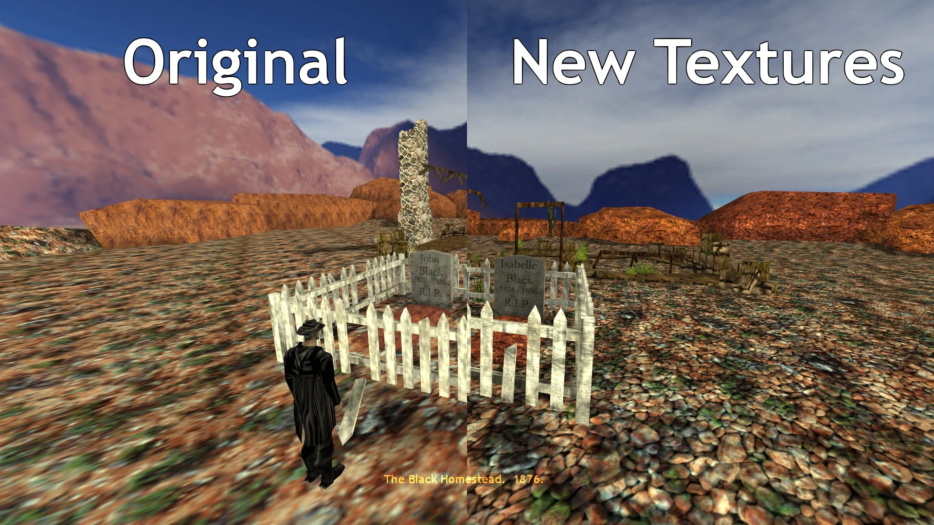 Imagen dividida mostrando texturas originales de Half-Life a la izquierda y nuevas texturas detalladas a la derecha en escena de cementerio al aire libre