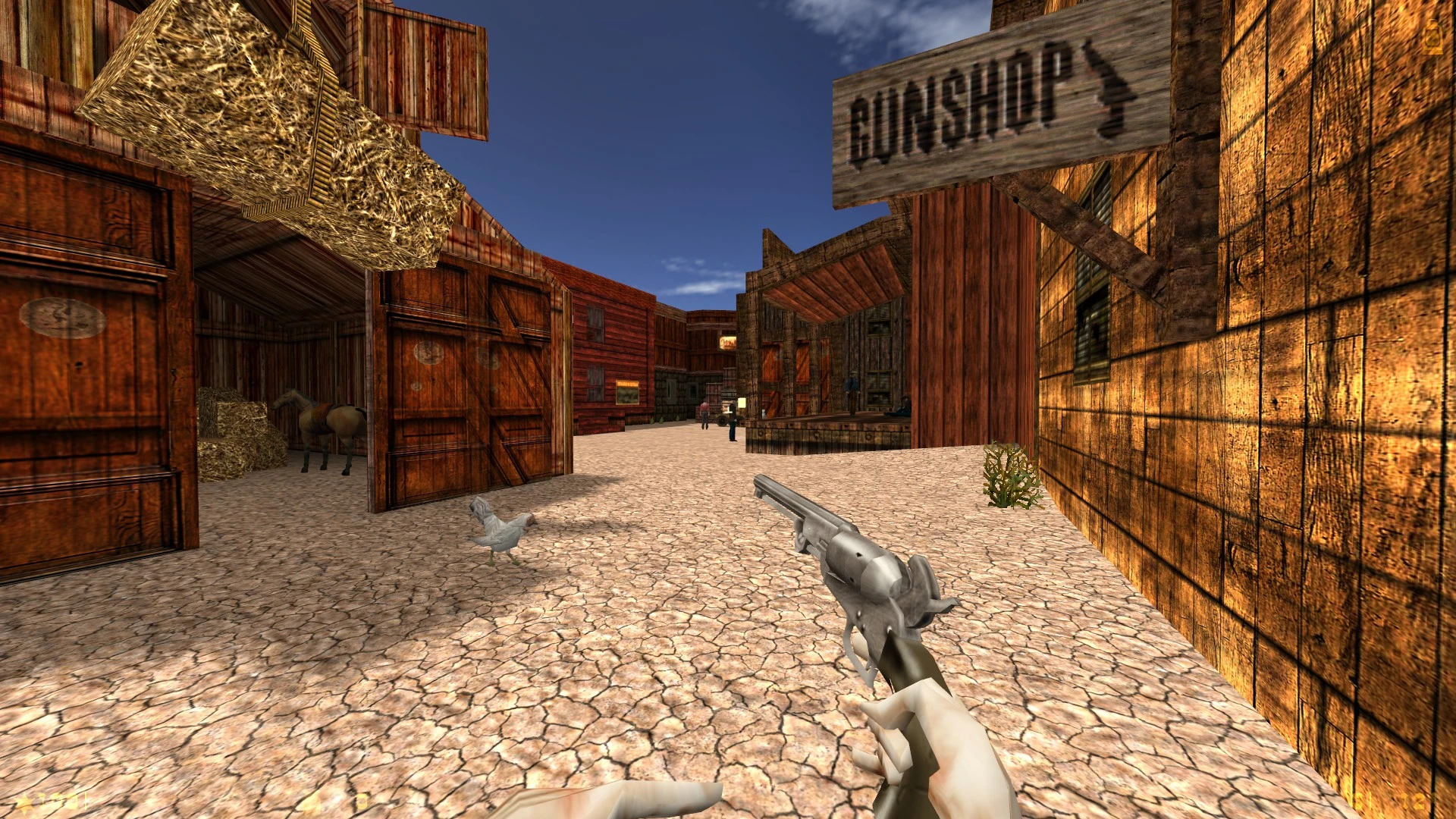 Vista en primera persona en el mod Wild West de Half-Life con revólver, suelo agrietado, edificios de madera y un pollo