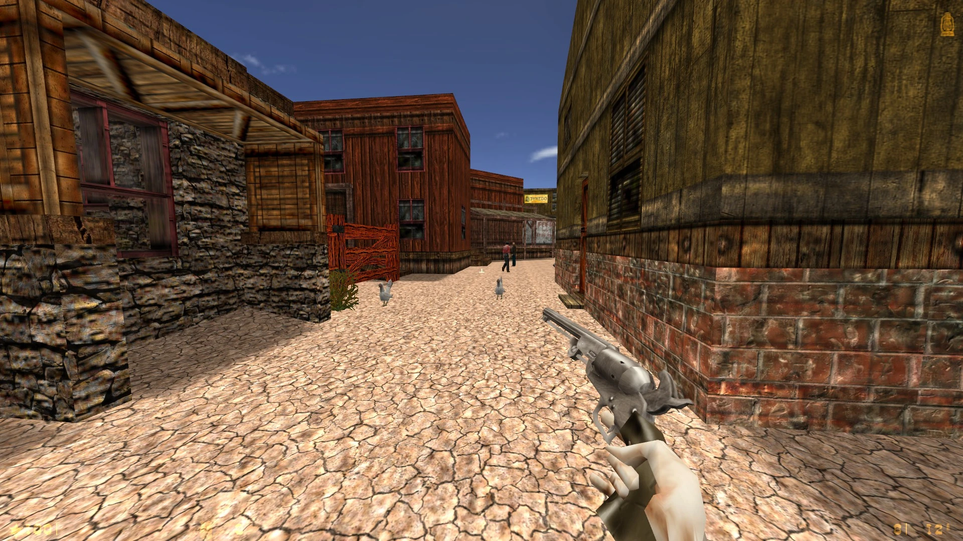 Vista en primera persona en Half-Life mostrando un revólver, suelo agrietado, edificios de madera, gallinas y NPCs