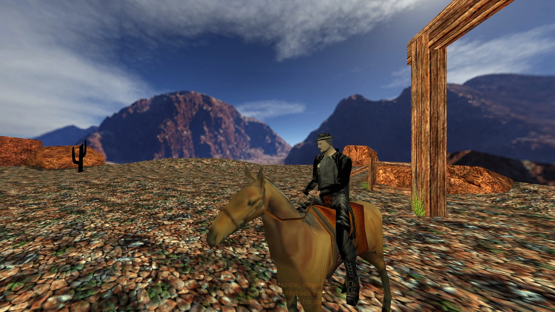 Captura de pantalla de Half-Life con personaje montado en caballo en paisaje rocoso tipo desierto con texturas detalladas