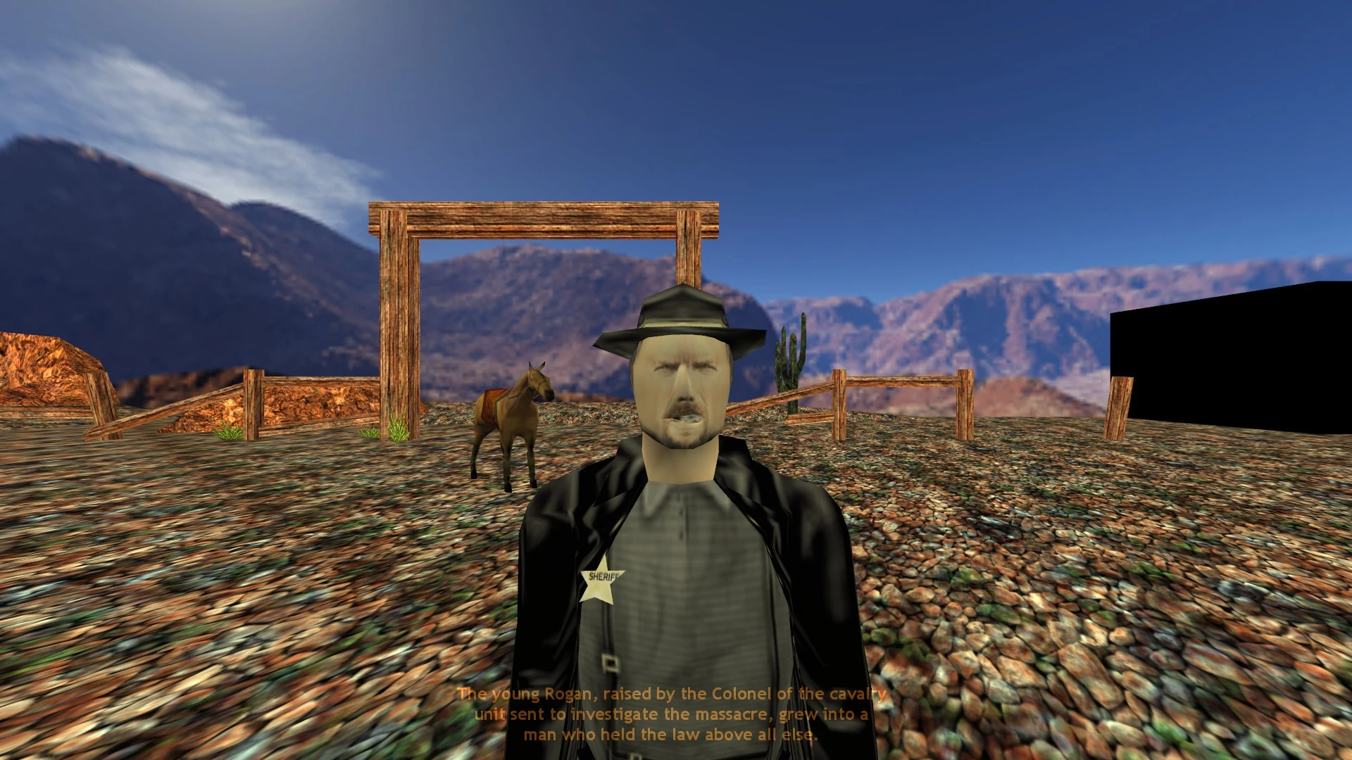 Captura del mod de Half-Life mostrando un sheriff con texturas detalladas en un entorno desértico con un caballo y cerca de madera
