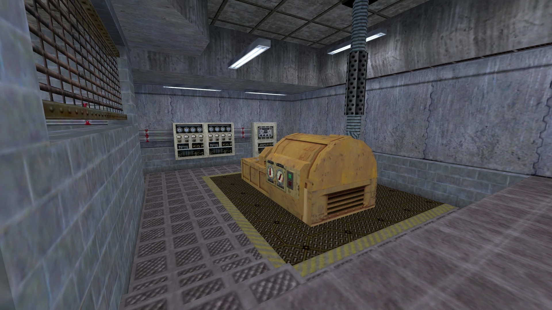 Interior de una habitación industrial gris con un generador amarillo oxidado grande y paneles de control en las paredes
