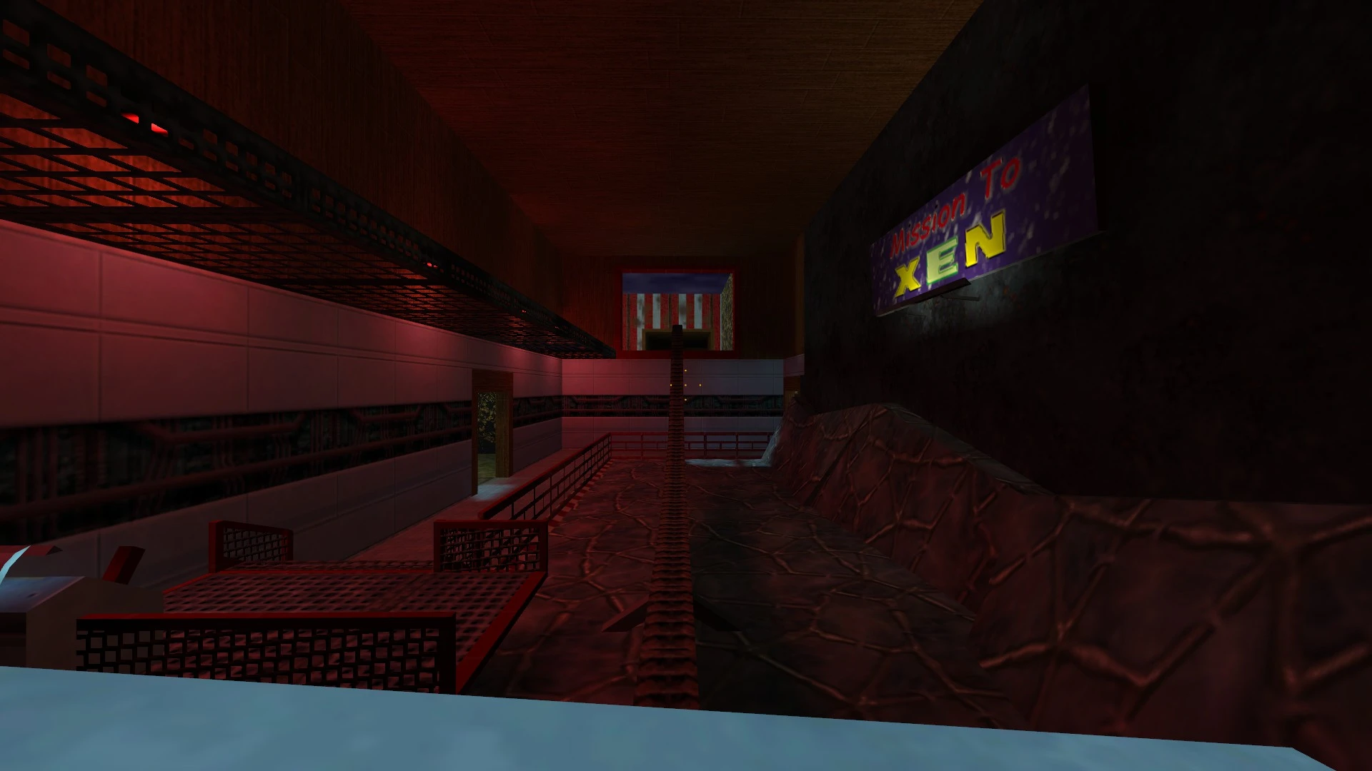 Captura de pantalla de un pasillo industrial con poca luz y barandillas metálicas, con un cartel que dice Mission To Xen en el mod Absolute Redemption de Half-Life