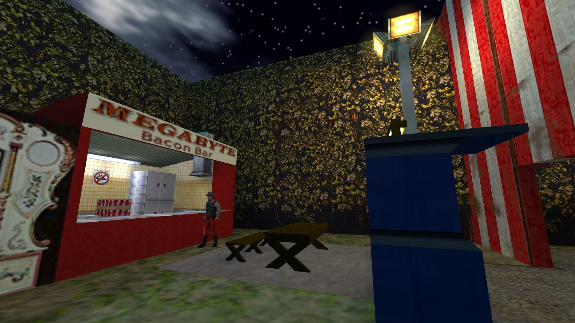 Mod de Half-Life Absolute Redemption mostrando área exterior nocturna con Megabyte Bacon Bar, mesa y NPC soldado