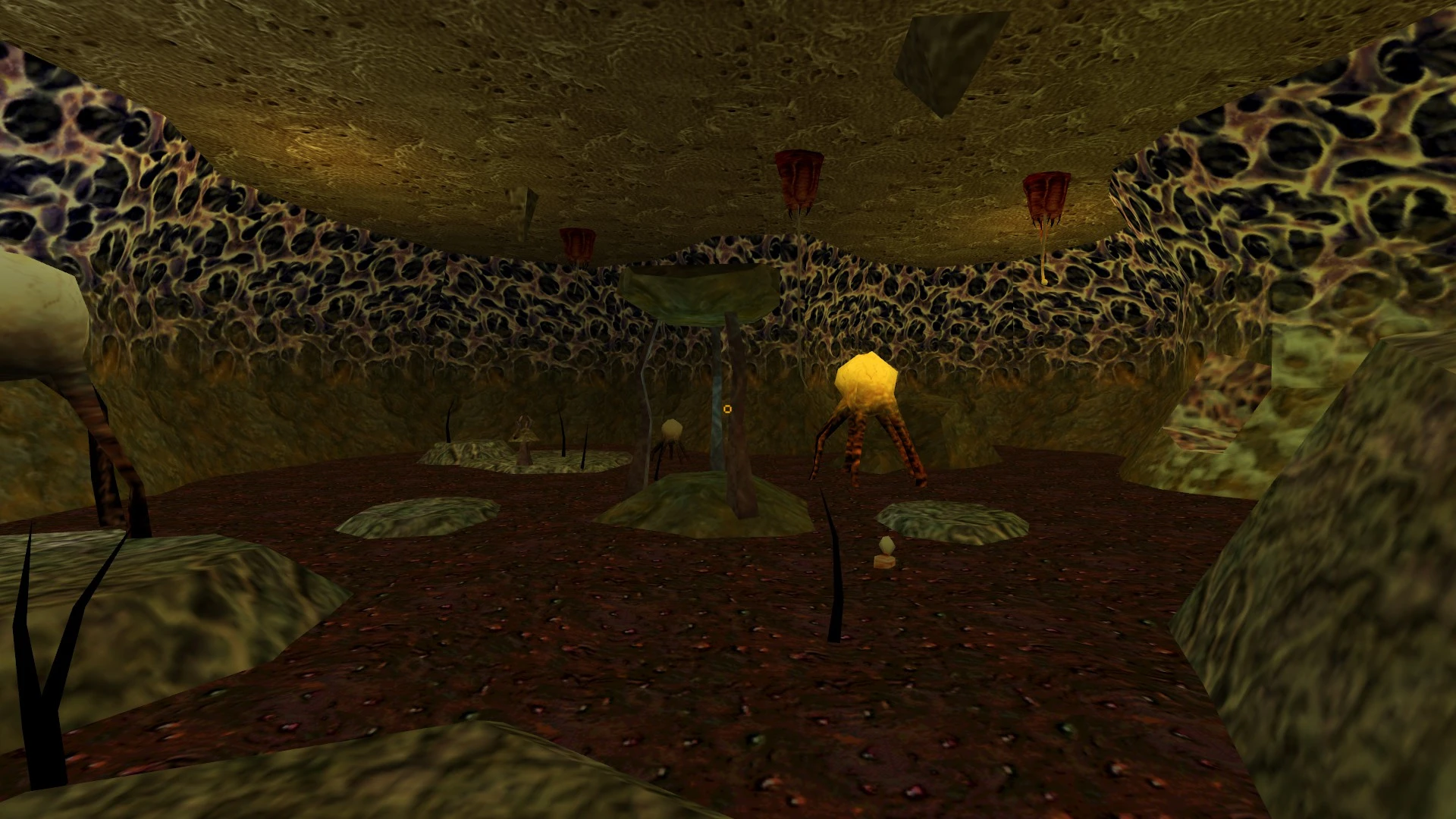 Ambiente de cueva alienígena orgánica con paredes texturizadas y estructuras bioluminiscentes en mod de Half-Life