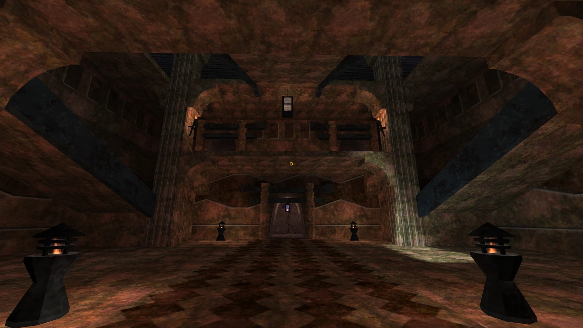 Interior oscuro de un templo antiguo con paredes de piedra, antorchas y puertas arqueadas en el mod Absolute Redemption de Half-Life