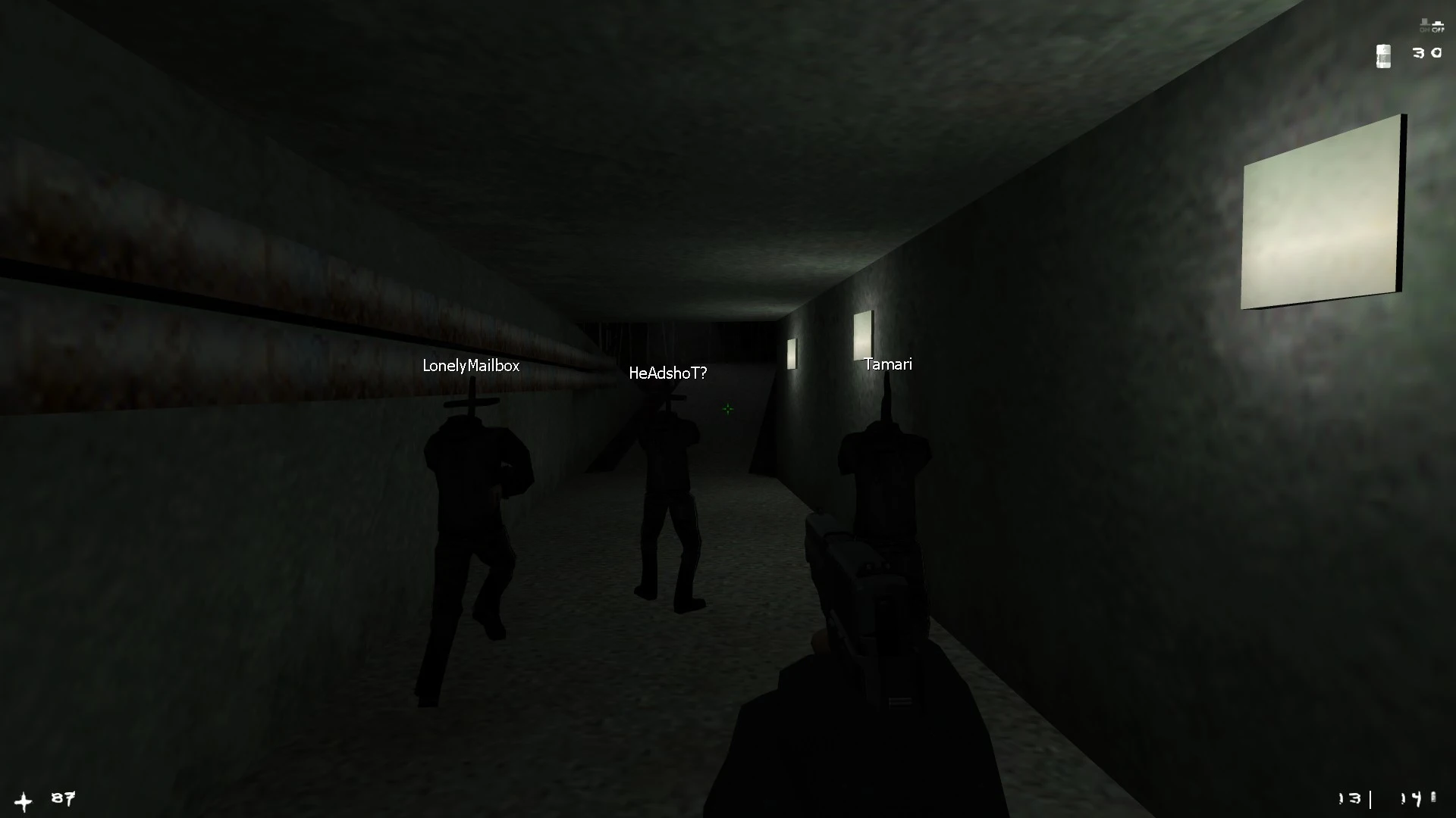 Screenshot eines dunklen Tunnels mit drei Spielern, die Waffen halten, im Half-Life-Mod Afraid of Monsters: Dark Assistance Beta