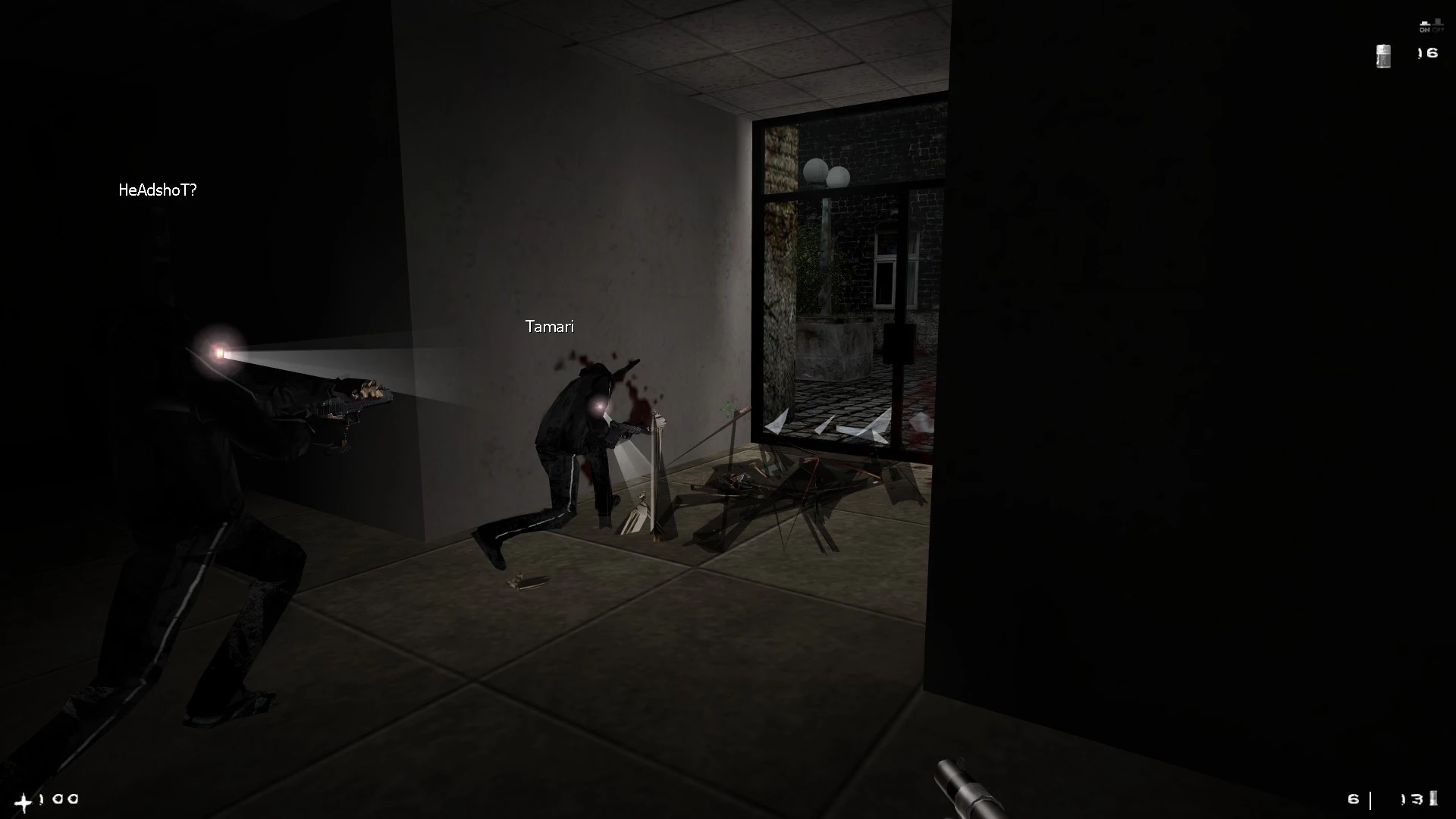 Zwei bewaffnete Charaktere mit Taschenlampen in einem dunklen Gebäude, die in der Nähe einer zerbrochenen Glastür im Mod Afraid of Monsters Dark Assistance Beta schießen