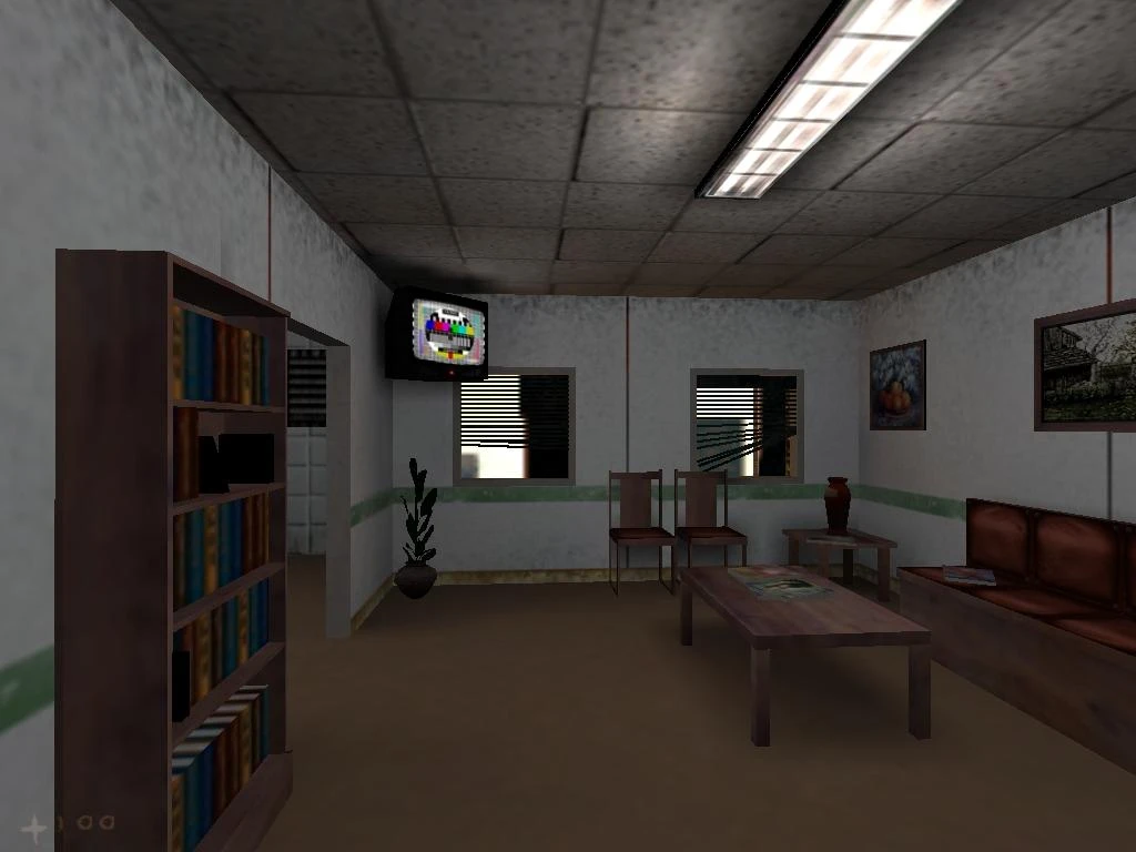 Innenraum eines schwach beleuchteten Wartezimmers mit Bücherregalen, Stühlen, Sofa, Tischen und TV an der Wand im Half-Life-Mod