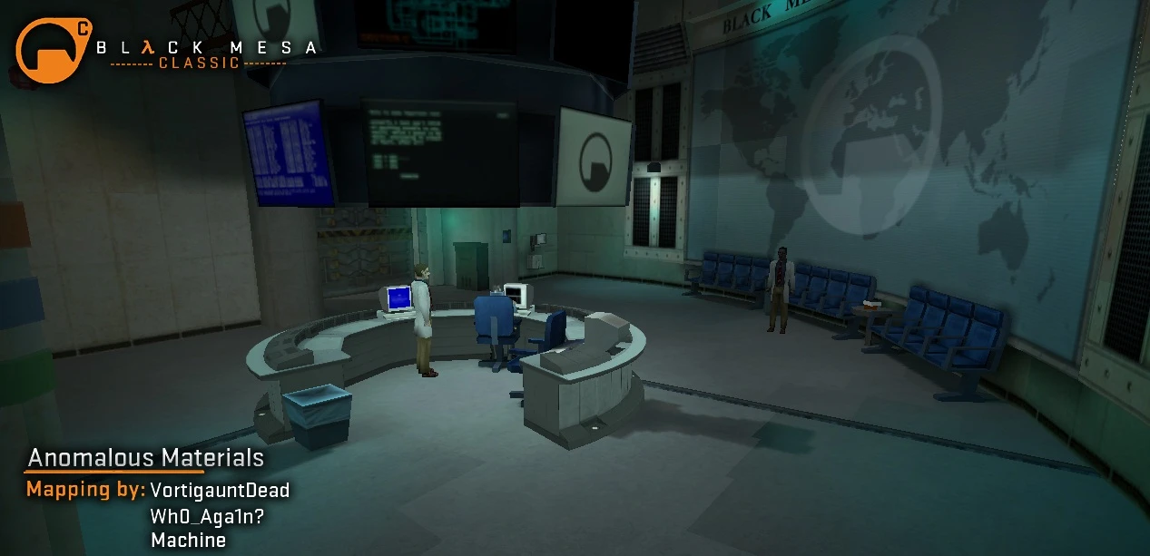 Captura de pantalla del juego mostrando una sala de control clásica del laboratorio Black Mesa con científicos y monitores
