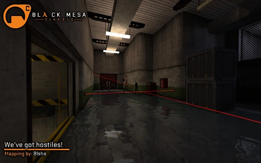 Escena de Half-Life: mod Black Mesa Classic con un pasillo, láseres trampa y guardias