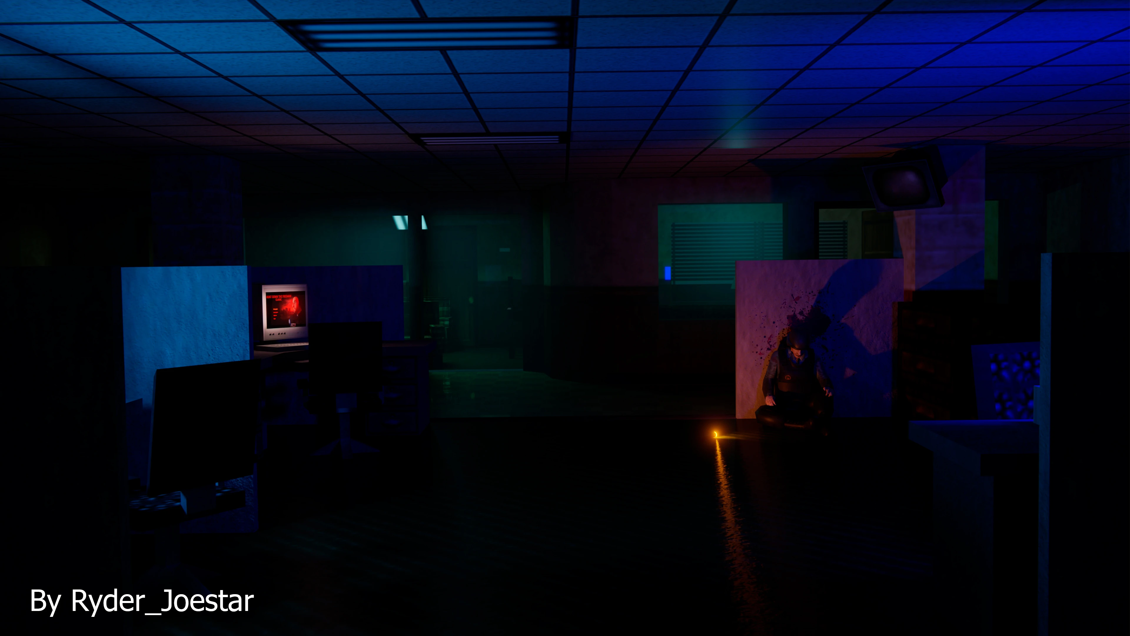 Pasillo de oficina tenuemente iluminado con pantallas de ordenador – del mod Black Mesa: Classic