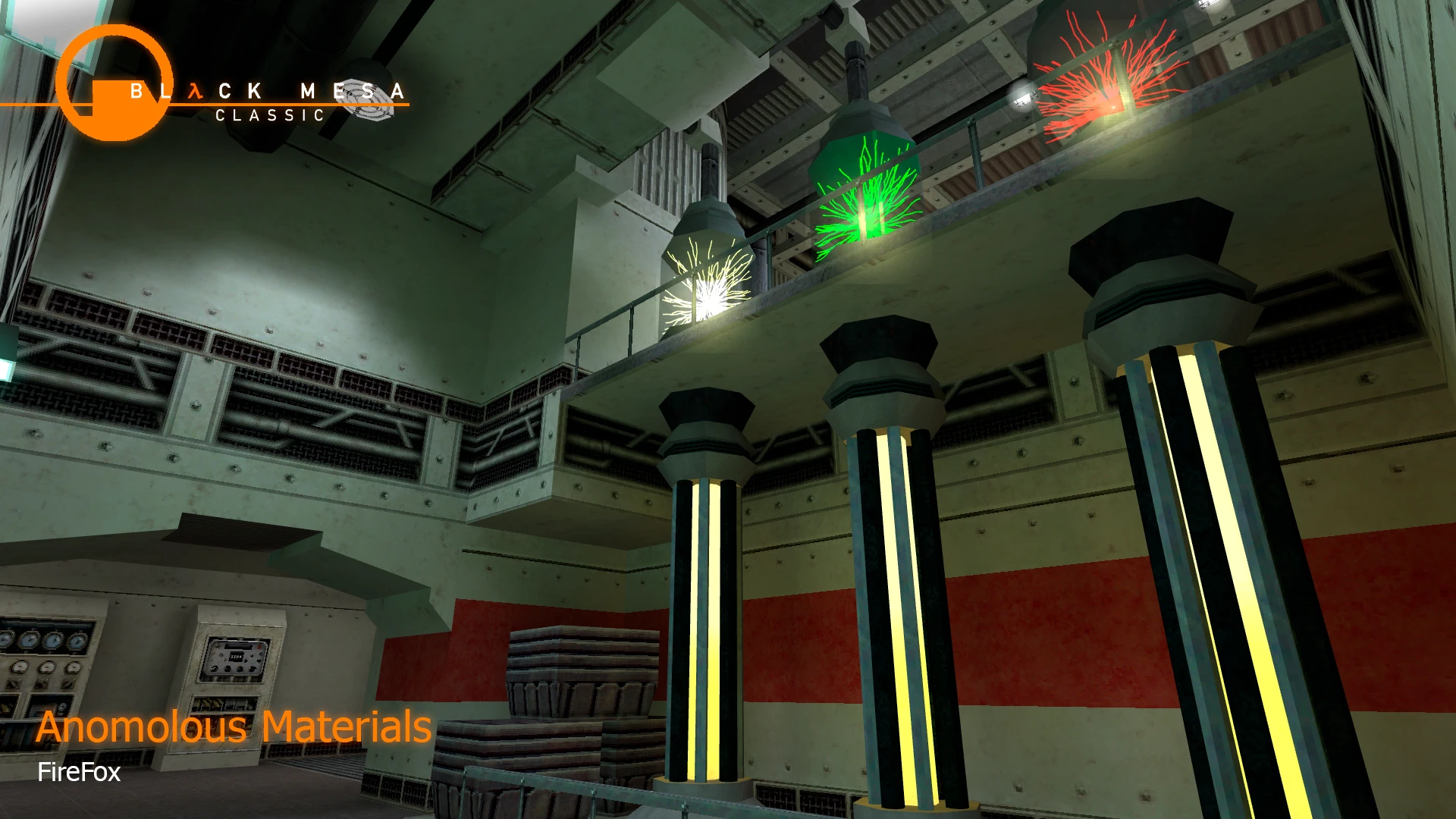 Sala industrial con tres columnas altas y chispas de colores en el mod Black Mesa: Classic de Half-Life