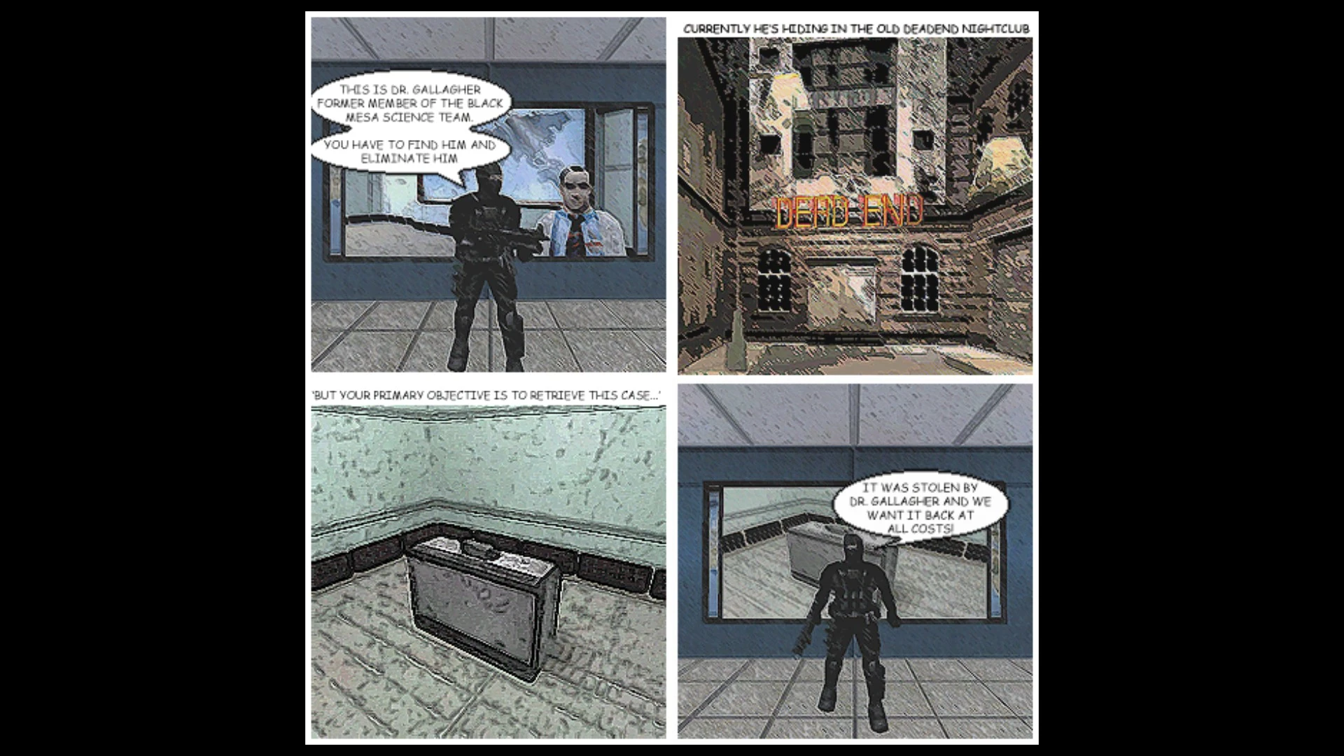 Viñetas estilo cómic con un soldado recibiendo órdenes de eliminar al Dr. Gallagher y recuperar un maletín robado en el mod de Half-Life