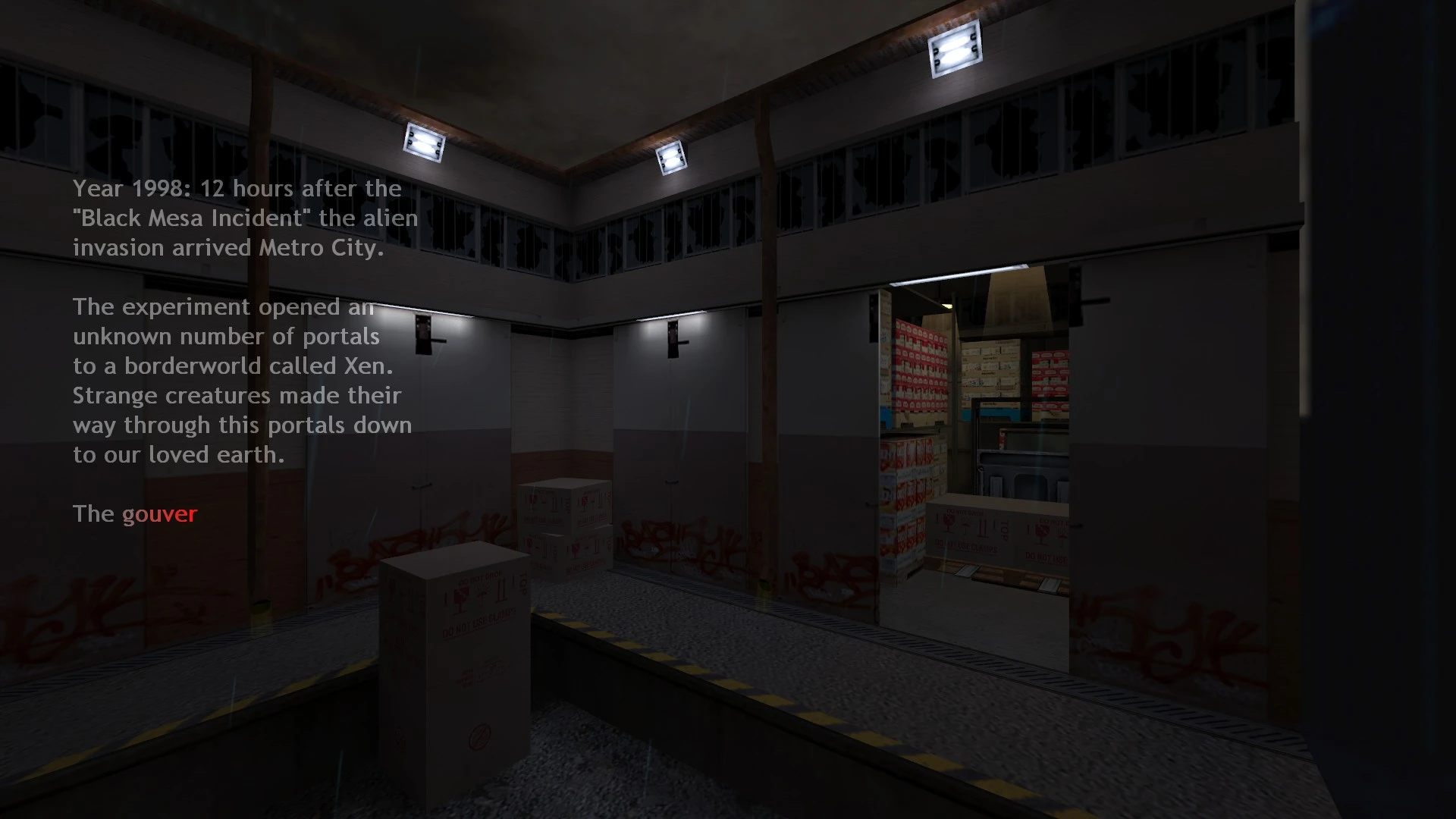 Sala de almacenamiento industrial oscura en el mod Black Ops de Half-Life con cajas y grafitis en las paredes