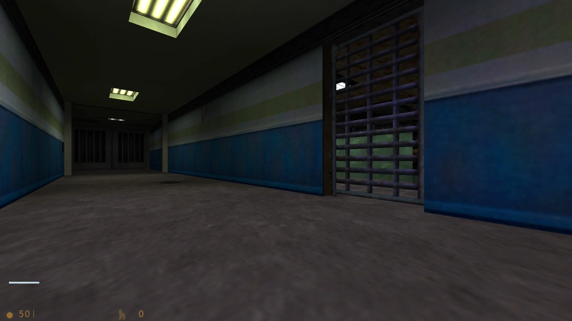 Low angle view of a dim corridor with blue walls and a metallic barred gate in Half-Life mod Cat Life GS