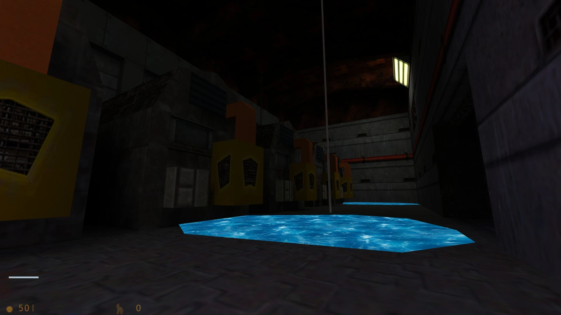 Dark industrial room with glowing blue water pools and yellow pipe structures in Half-Life mod Cat Life GS
