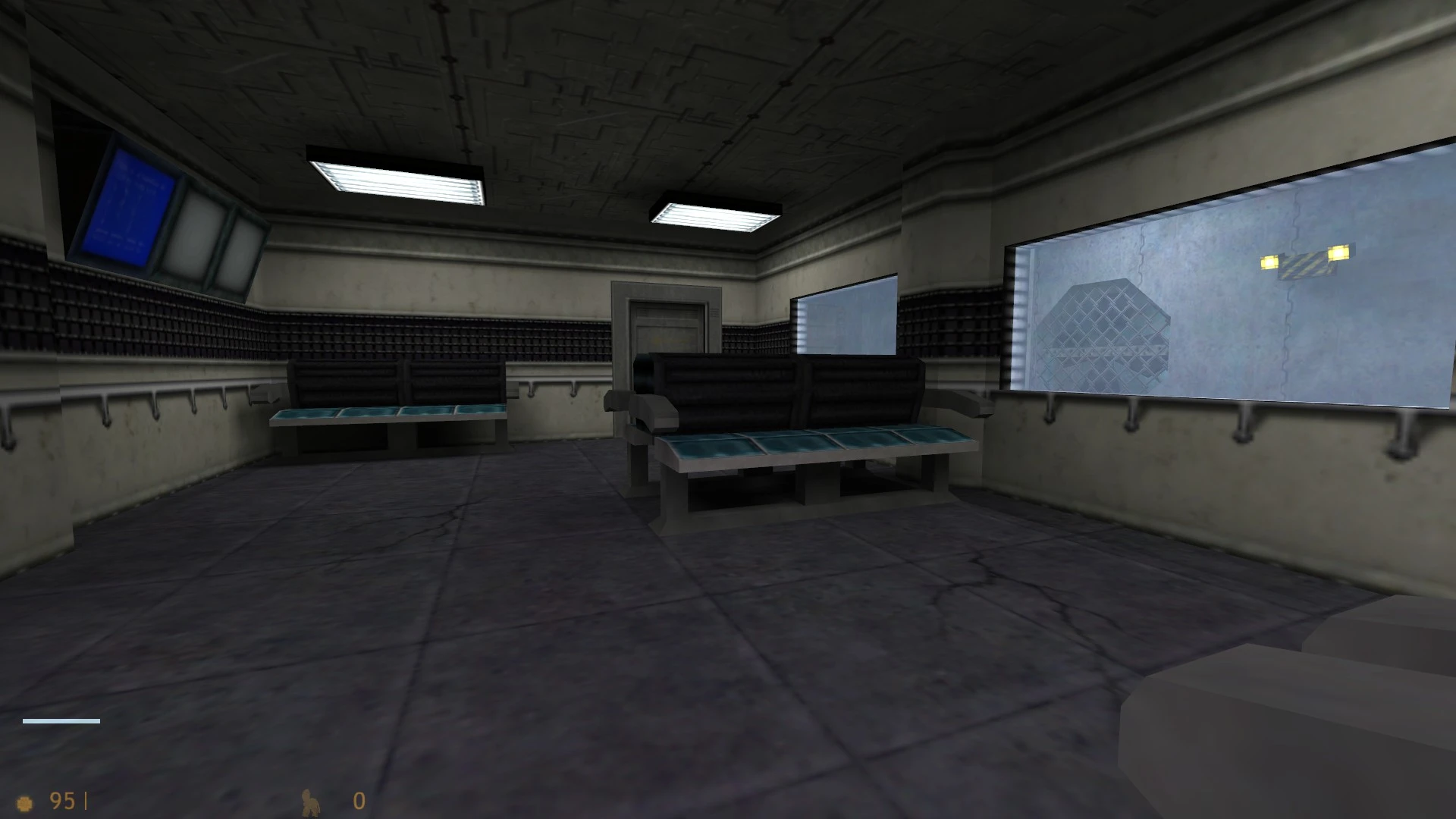 Dimly lit industrial waiting room with benches, windows, and screens in Half-Life Cat Life GS mod