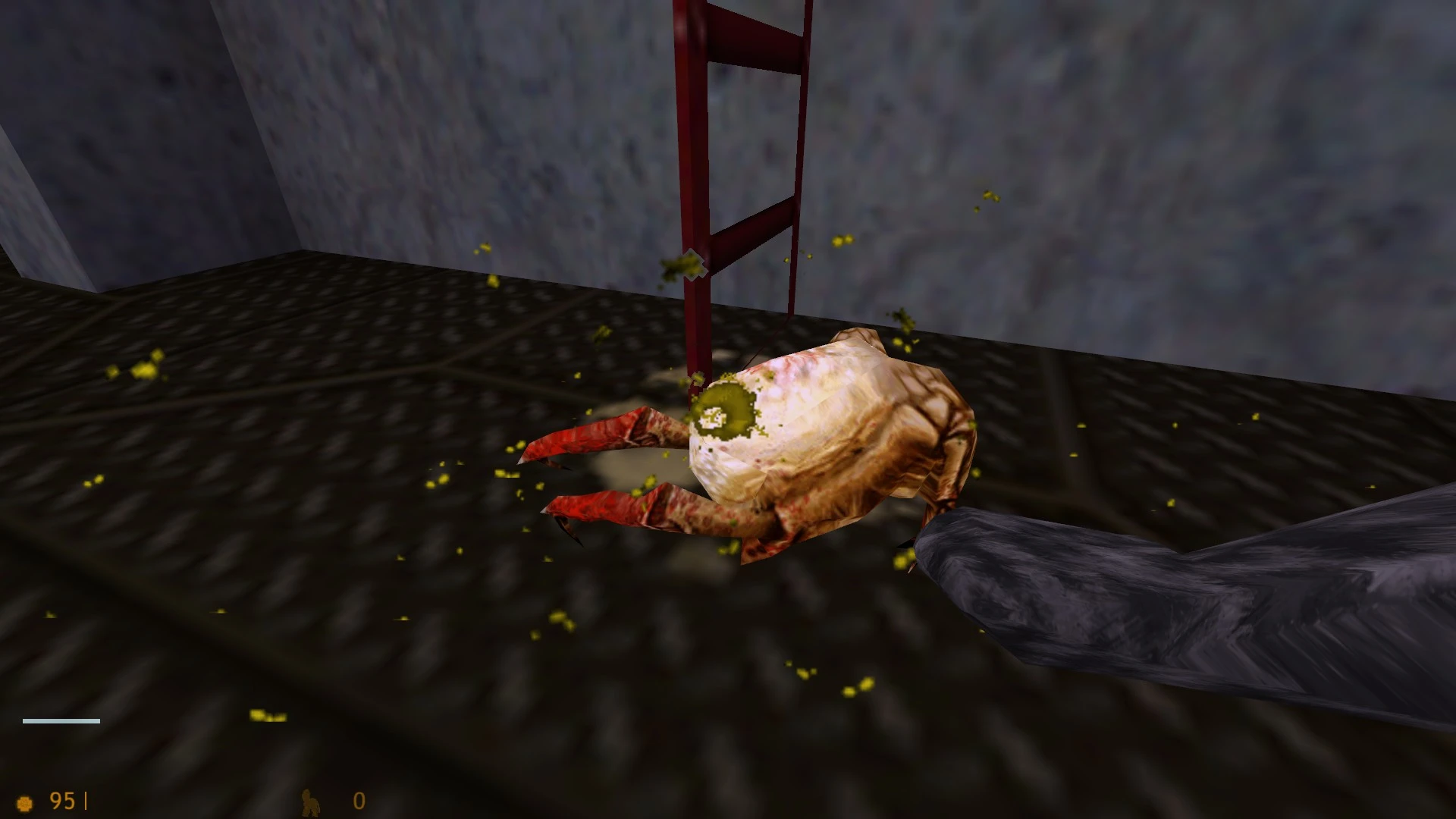 Screenshot of a Half-Life mod showing a feather hitting a fallen alien creature in an industrial environment