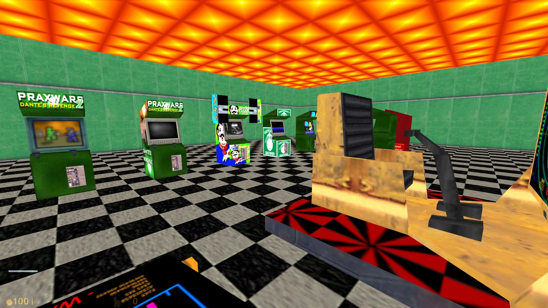 In-game screenshot showing a retro arcade room with various classic gaming cabinets under orange ceiling lights