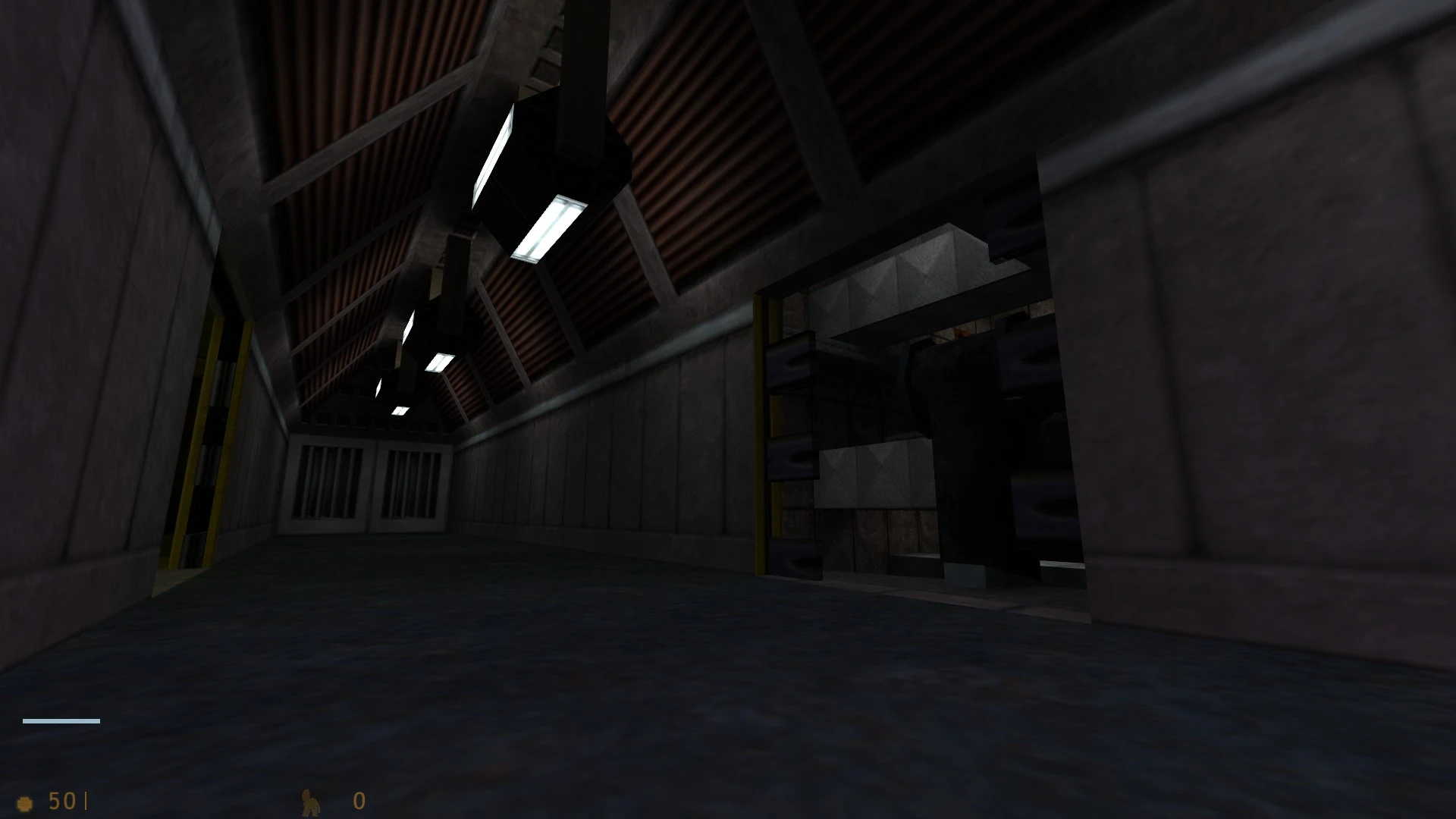 Low angle view of a dark industrial corridor with ceiling lights and metal walls in Half-Life Cat Life GS mod